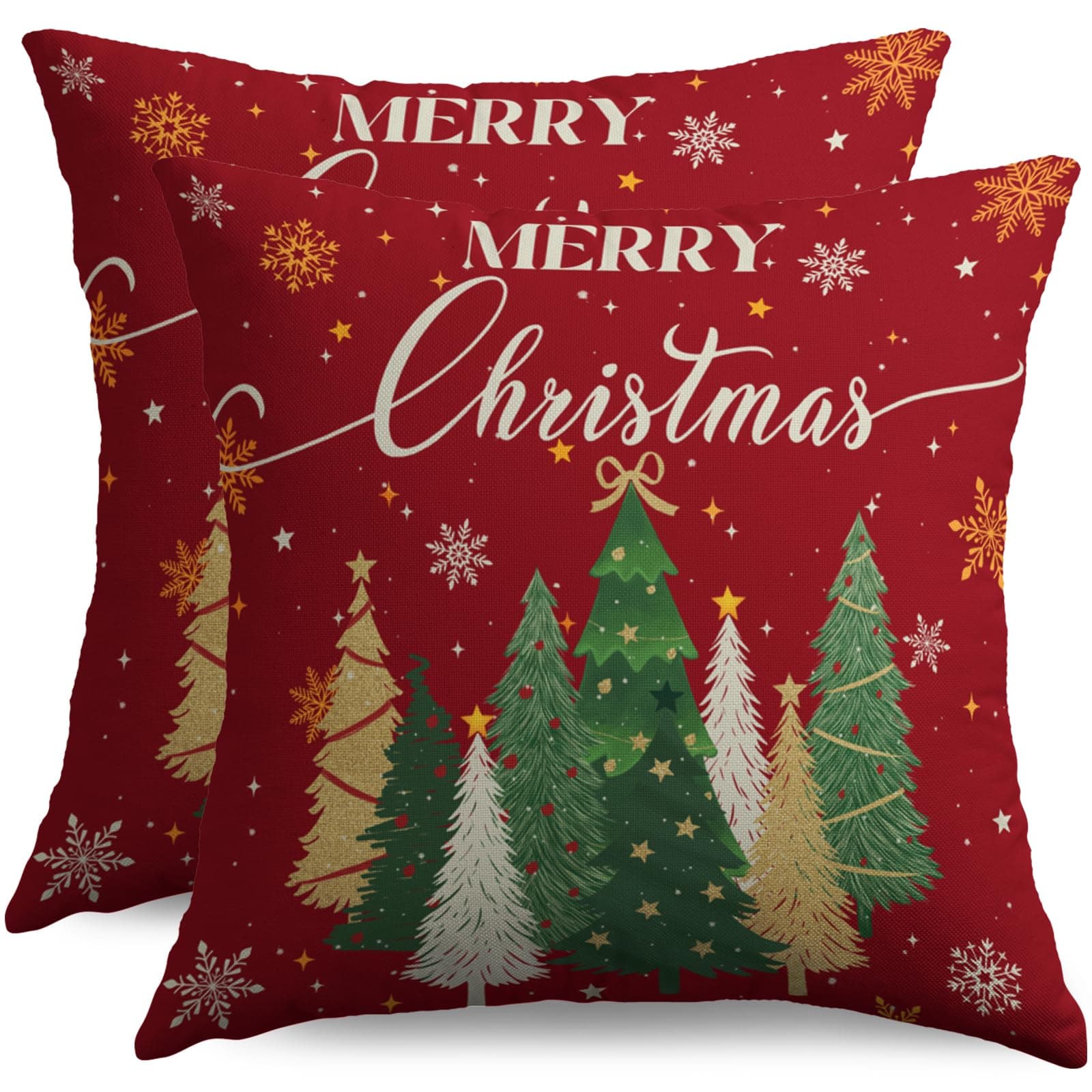 Smozenith Merry Christmas Pillow Covers 18X18 Set of 2, Xmas Tree Snowflake Dark Red Winter Holiday Decorative Throw Pillowcases Outdoor Farmhouse Seasonal Cushion Cases Couch Sofa Bed Decor