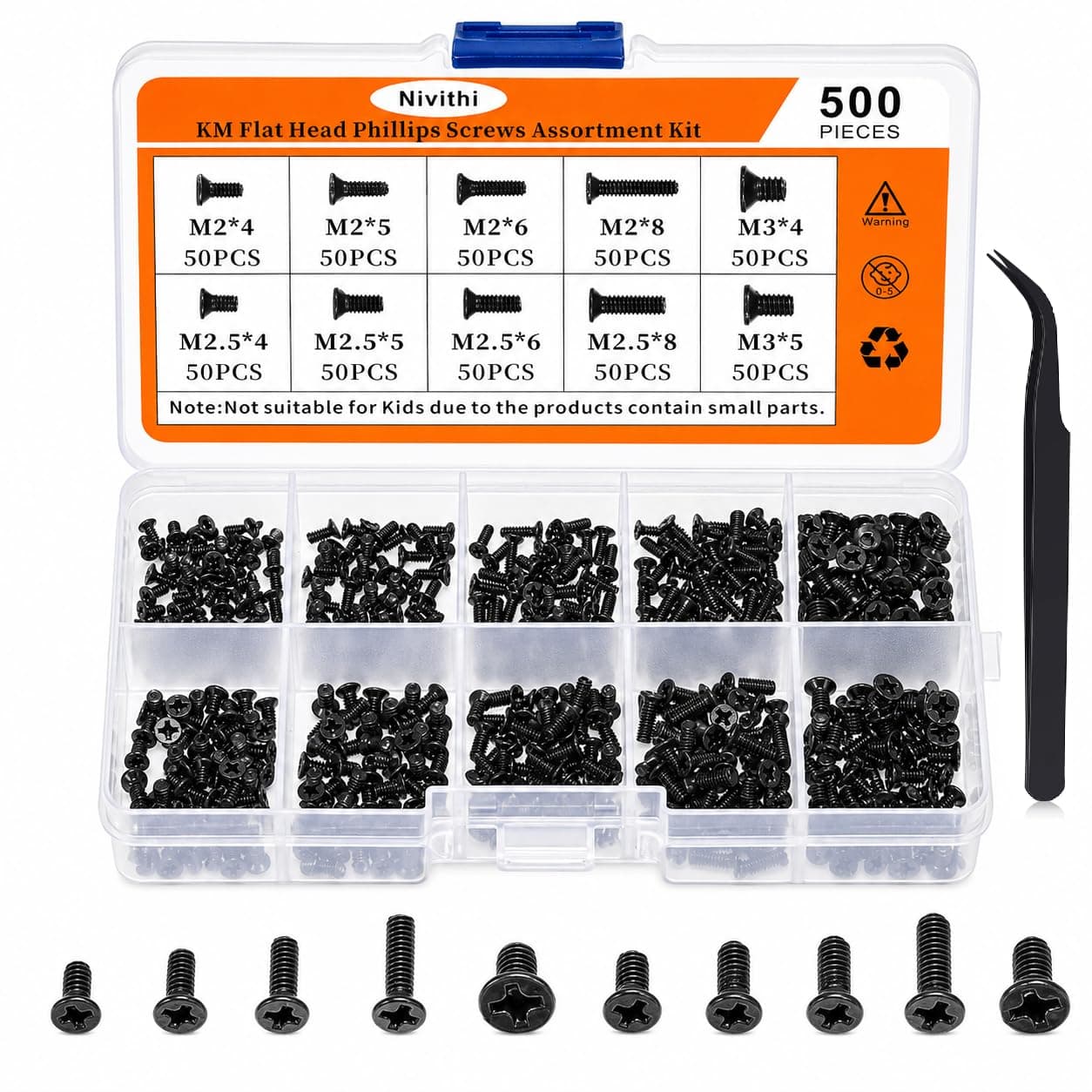 Nivithi 500Pcs Black Carbon Steel M2,M2.5,M3 Screws Kit,Universal Screw Kit