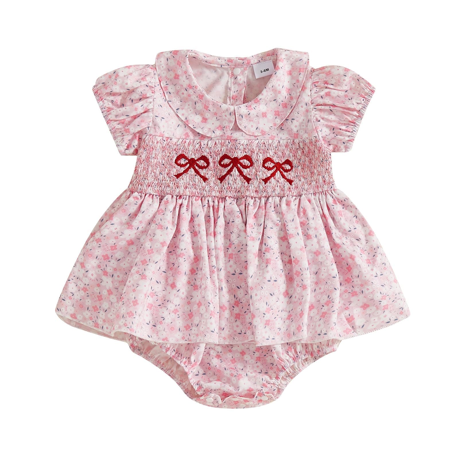 Ardougudougu Newborn Baby Girl Romper Dress Bow Puff Sleeve Peter Pan Collar One Piece Jumpsuit Summer Dresses Clothes (Pink, 6-12M)