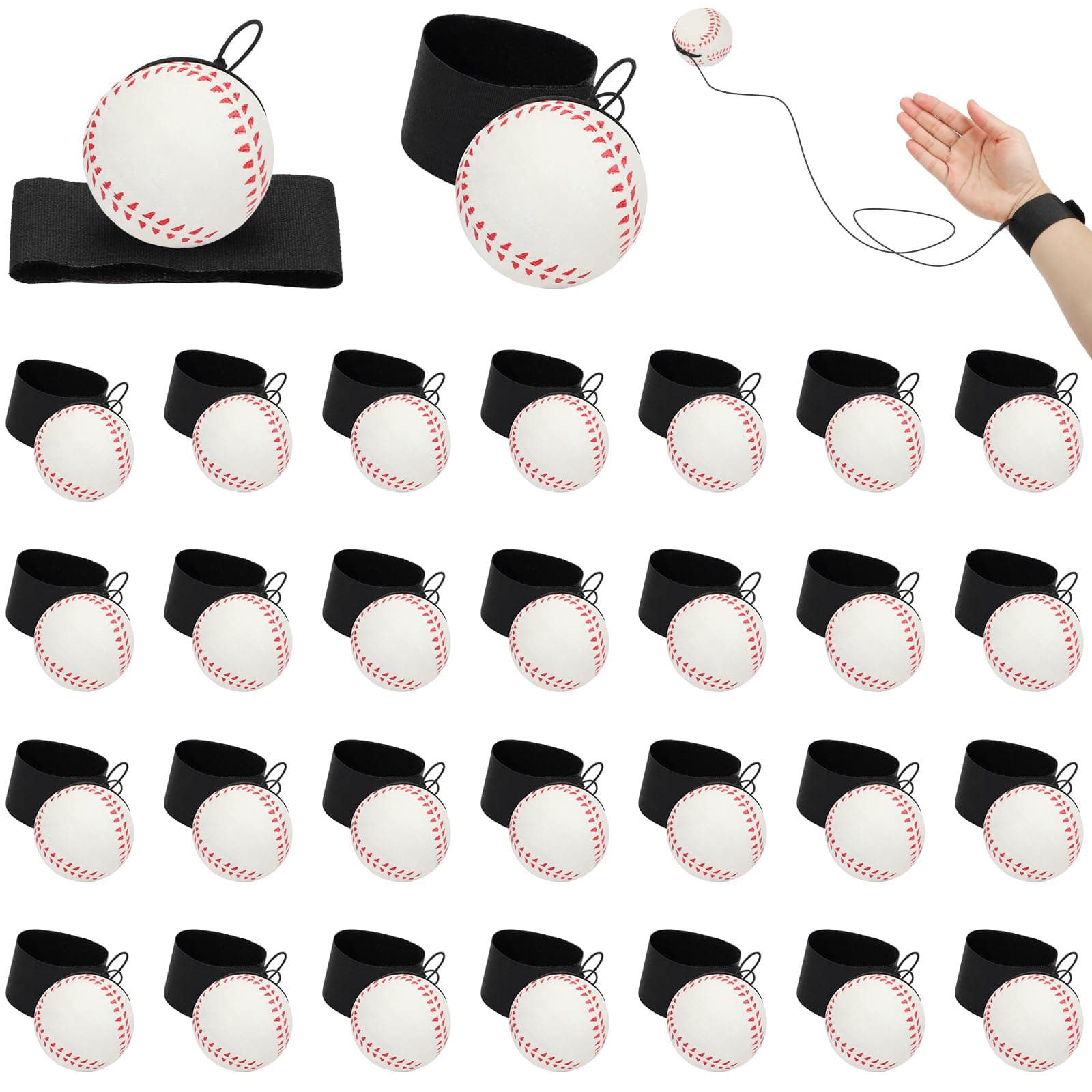 HEYTIMI 40 PCS Baseballs Wrist Return Ball on a String 2.36 Inch Rebound Bouncy Ball with Strap Sport Soccer Tennis Party Favors, Wrist Exercise, Outdoor Fun Activity for Adults