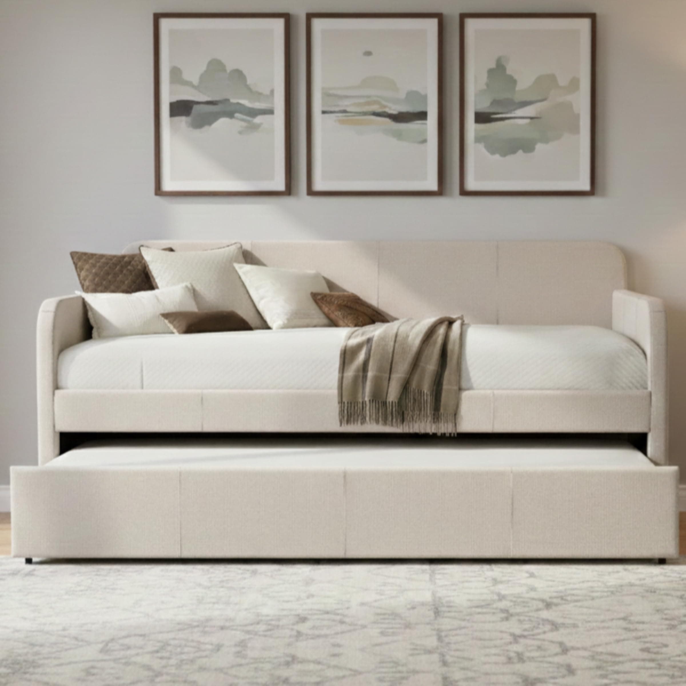 Home Design Tiara Twin Daybed with Pull-Out Trundle, Upholstered Frame, Solid Wood Legs, Casual Design, Beige