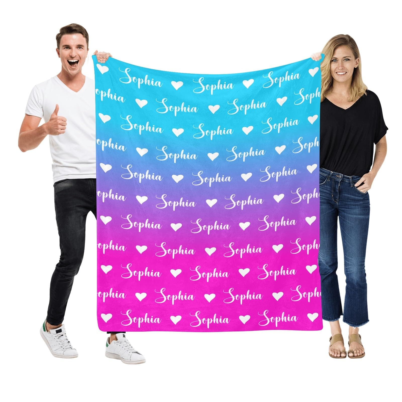 XOZOTY Personalized Love Name Pattern Gradient Pink Blue Blankets Custom Name Baby Nursery Swaddling Blanket for Boys Girls Birthday Shower Dog Cat Pet Gifts 30x40 inch