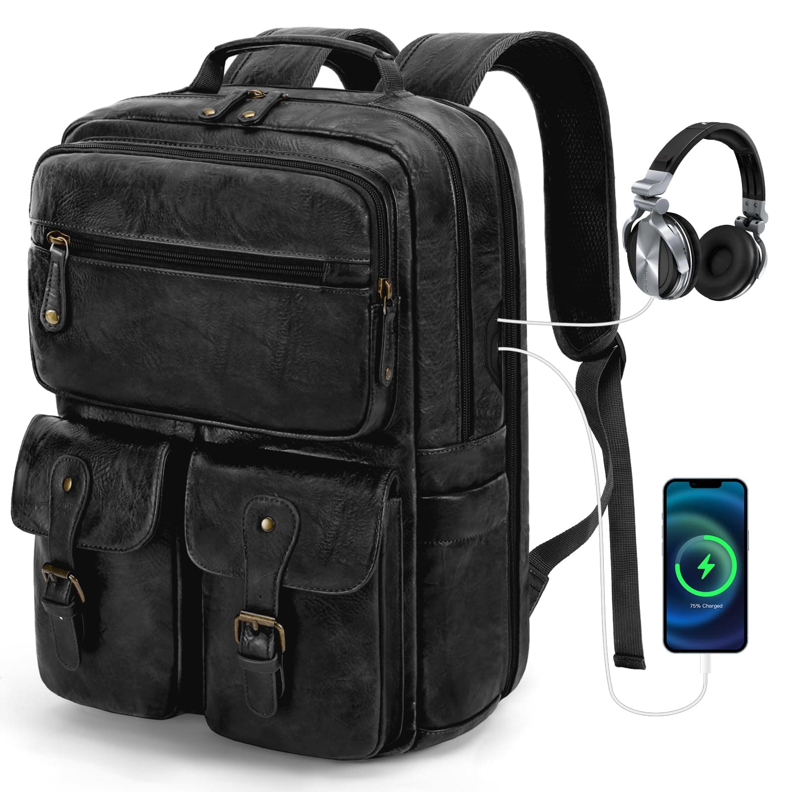 RAINSMORE PU Leather Laptop Backpack, 15.6" Waterproof with USB Port