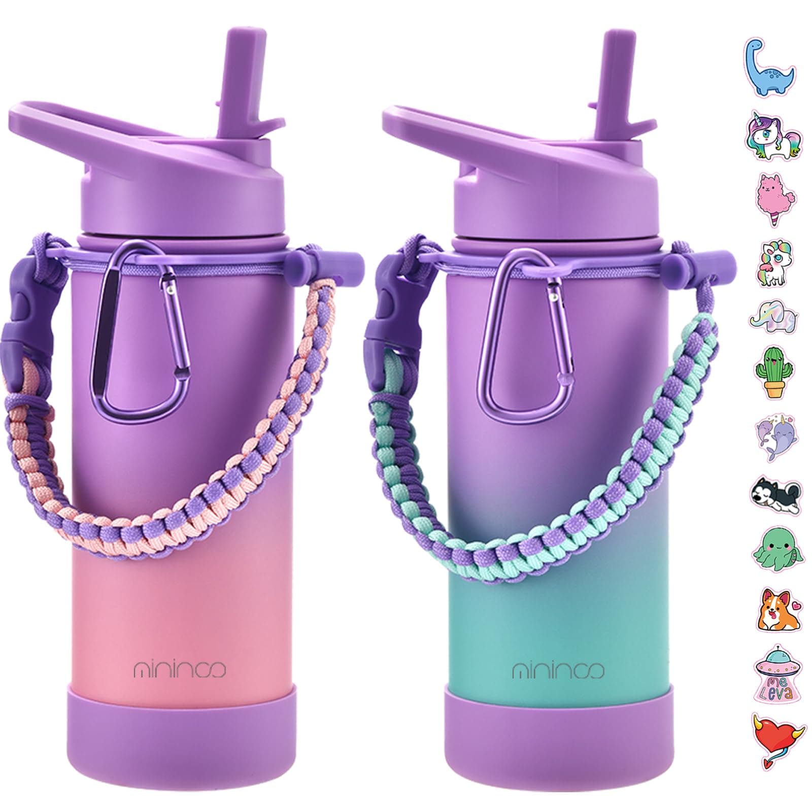Mininoo Kids Water Bottle for School, 16oz Stainless Steel Insulated Water Bottle Kids with Paracord Handle for Girls, Boys (2 Pack)