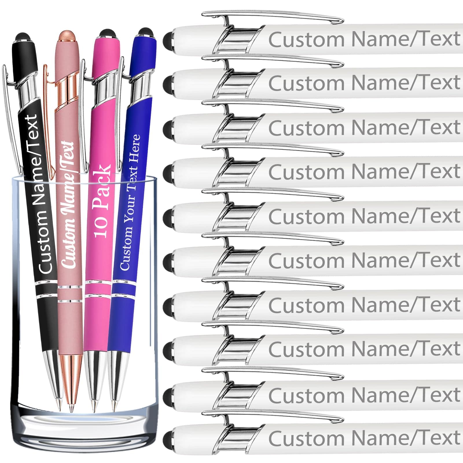 WBgjsnklbnl Personalized Pens with Name 10 Pack Custom Pens Bulk Customized Engraved Black Ink Ballpoint Pen with Stylus Tips for Men Business Adults Women Teacher Nurses Wedding Gift-White
