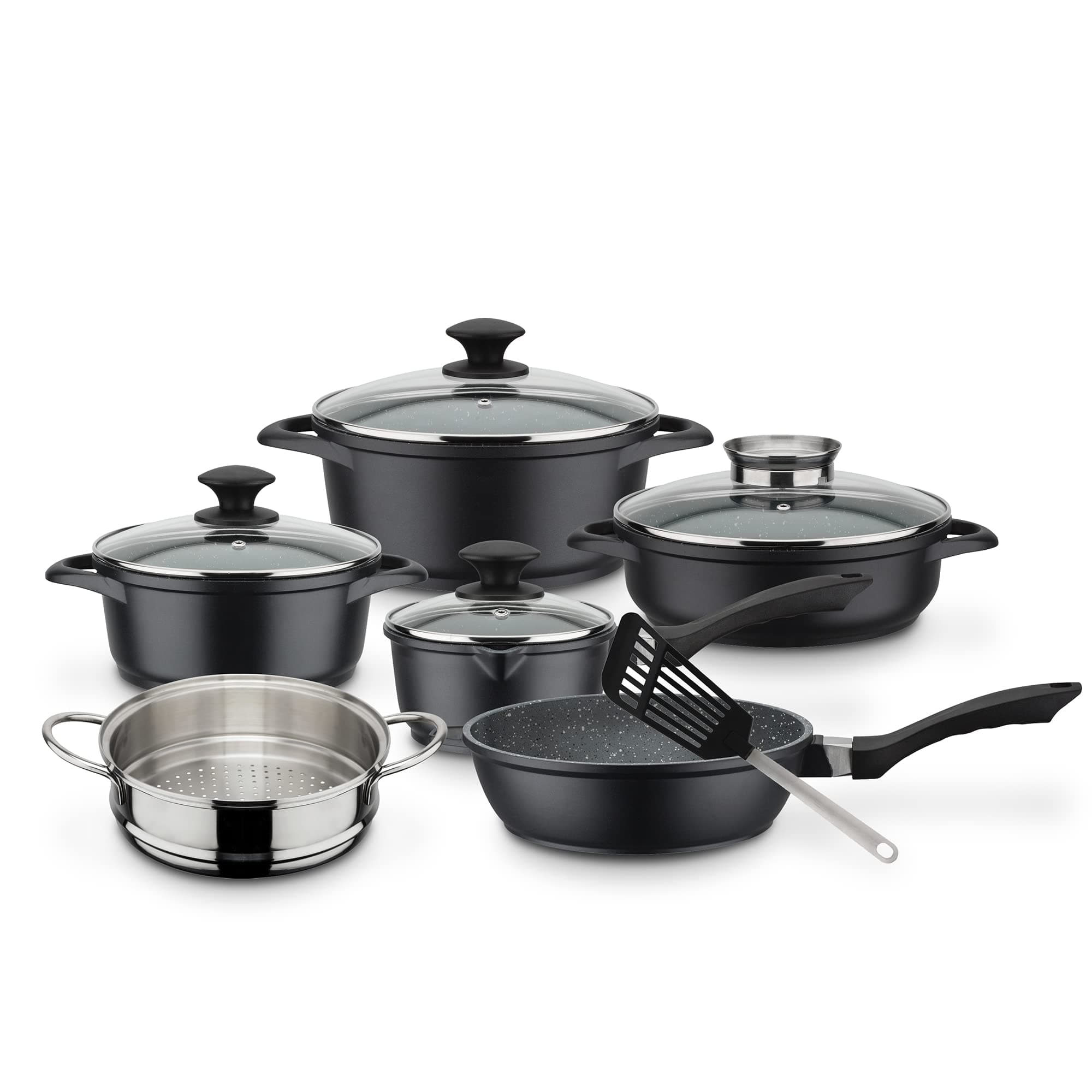 GSW Gourmet Granite Cooking Pot Set 10 Pieces Aluminium Glass Plastic Stainless Steel Black