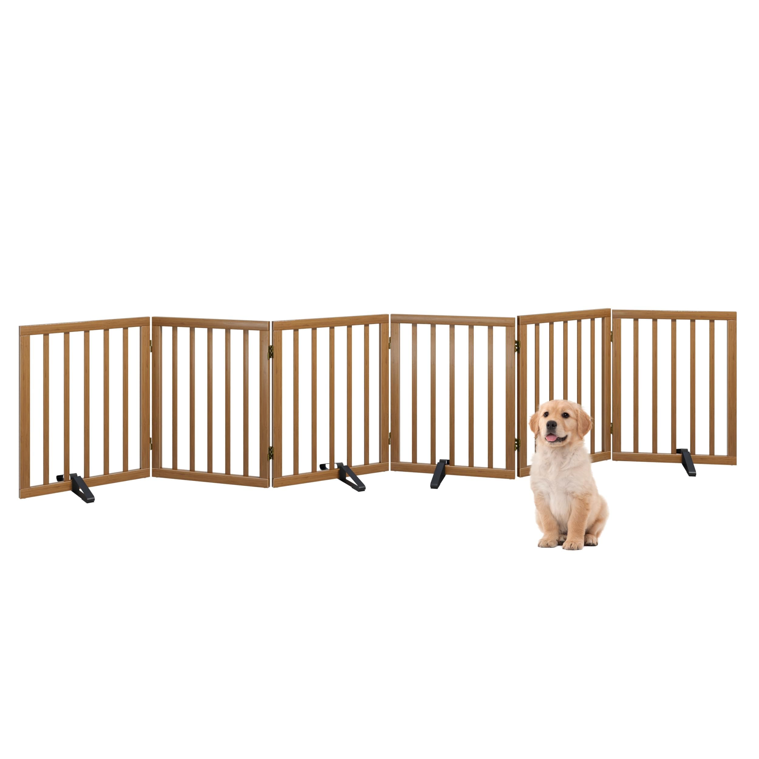 Algherohein Dog Gate, Freestanding, Foldable, 6 Panels, Walnut, Solid Wood, Metal Support Feet, Room Divider, 113"W x 24"H