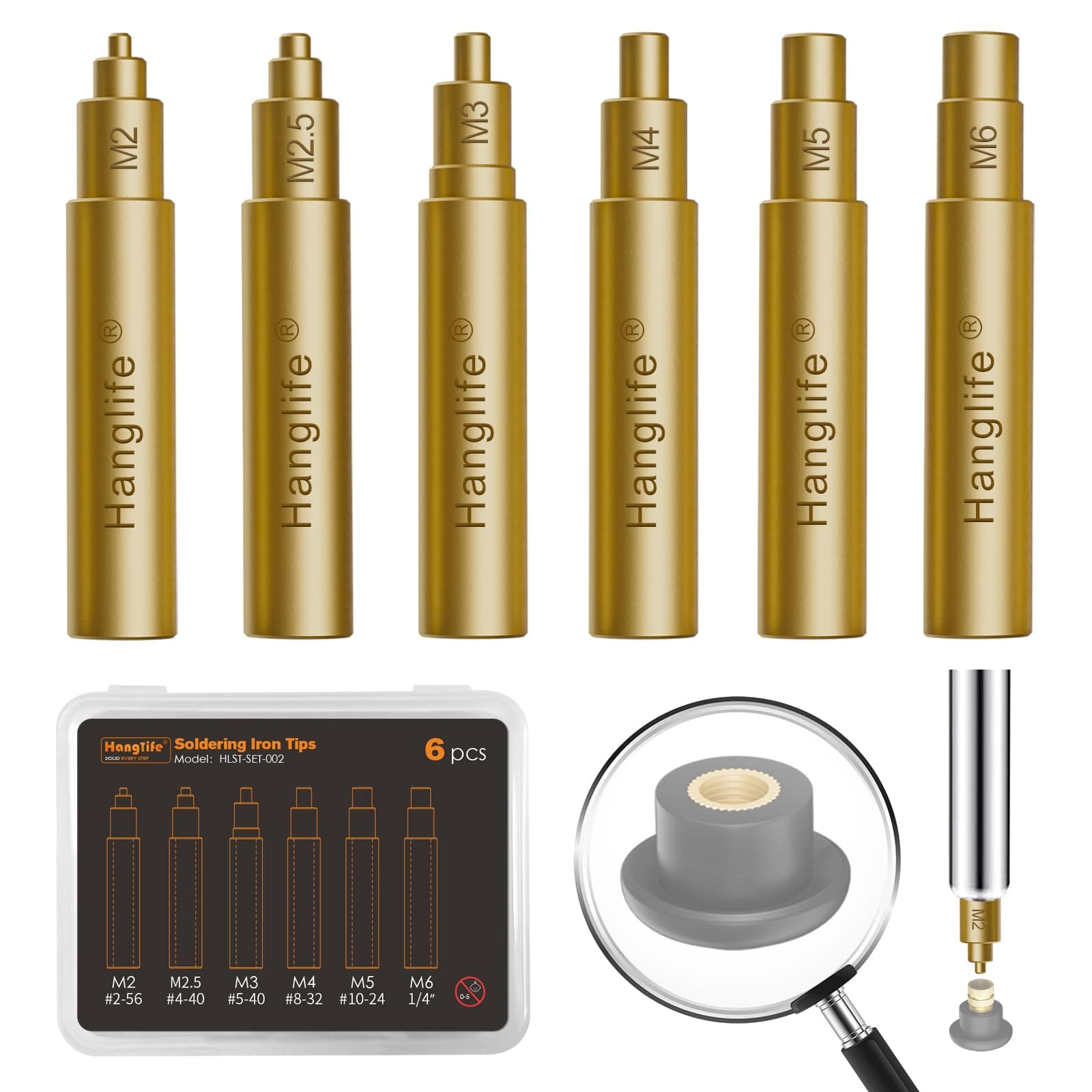 HANGLIFE Soldering Iron Tips for Threaded Inserts M2 M2.5 M3 M4 M5 M6, Heat-Set Insert Tips Compatible with Weller SP40NUS/Hakko FX-888D/900M/T18 Irons- Press Tool for Plastic 3D Printer Components