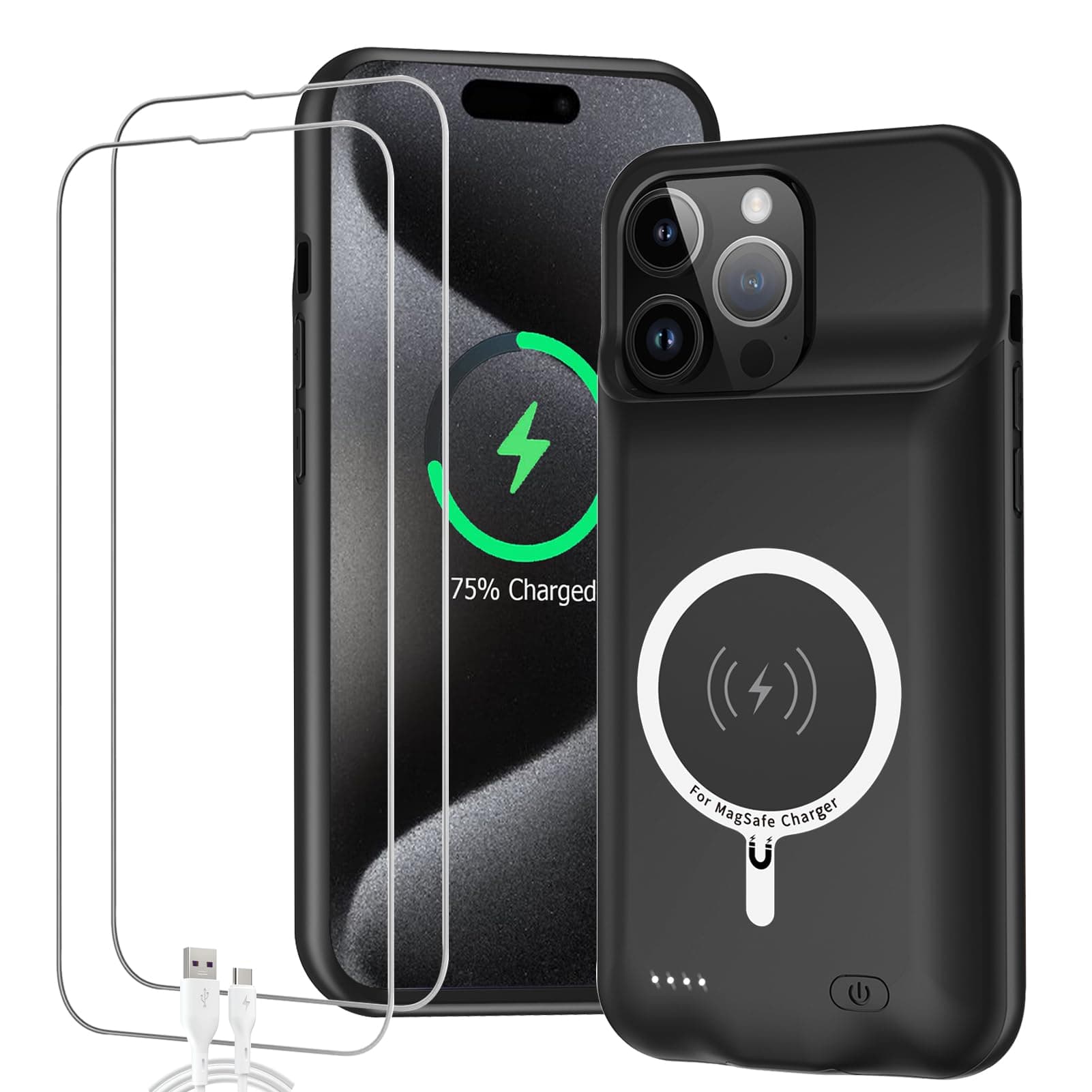 Battery Case for iPhone 15 Pro Max, 12000mAh High Capacity Smart Portable Charger Case Rechargeable Battery Pack Charging Case with Wireless Charging Compatible with iPhone 15 Pro Max (6.7 inch)-Black