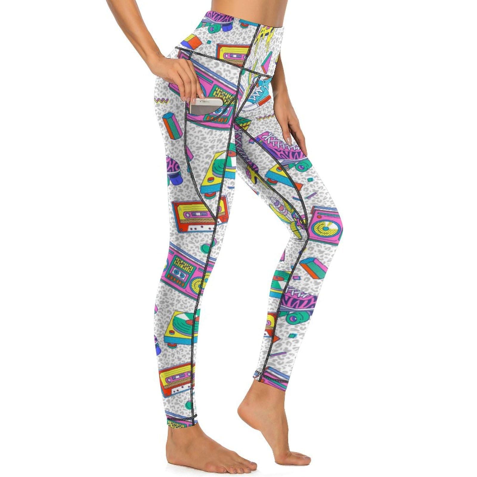MSOKAZZLES High Waisted Exercise Yoga Pants for Women Running Sports Workout Yoga Leggings with Pockets, White 80s 90s, Large