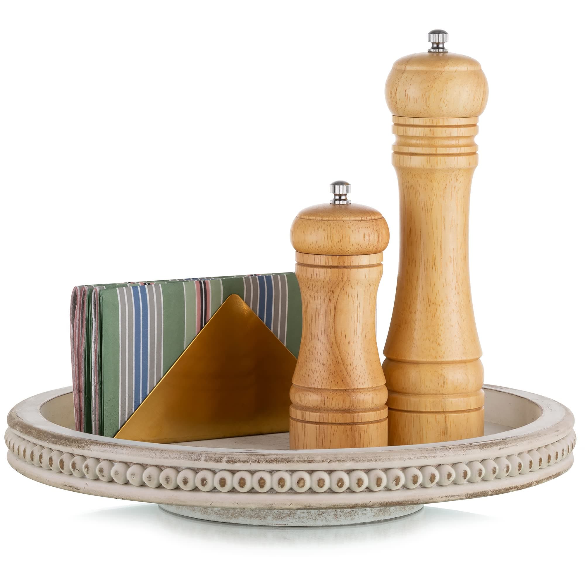 Hanobe Lazy Susan Centerpiece Tray, Round Wooden Turntable Organizer, White