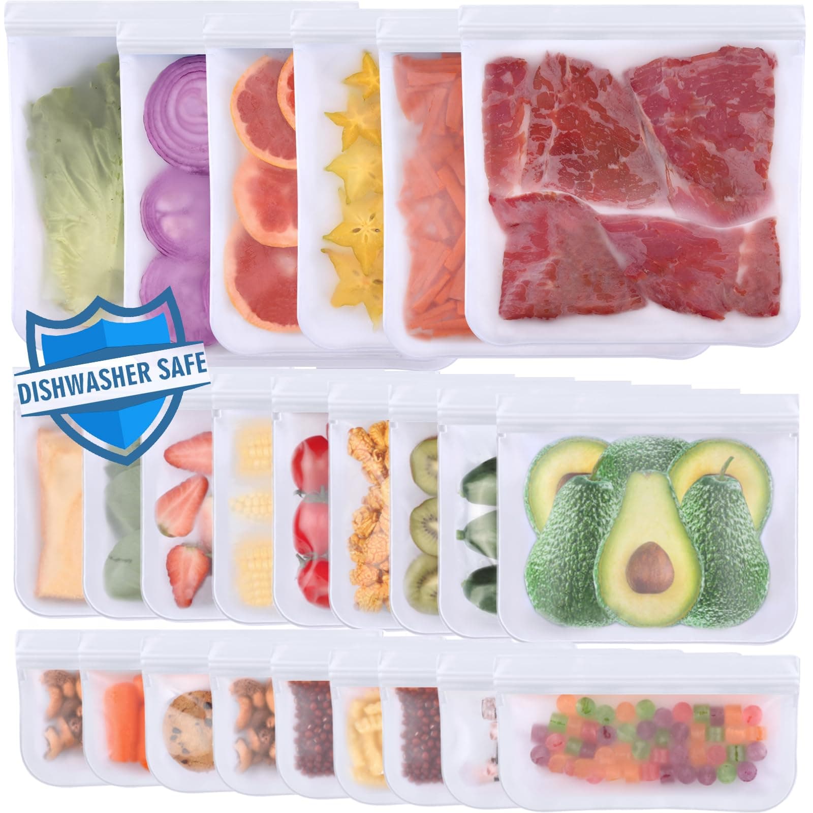Lerine 24 Pack Dishwasher Safe Reusable Freezer Bags, Leakproof, White