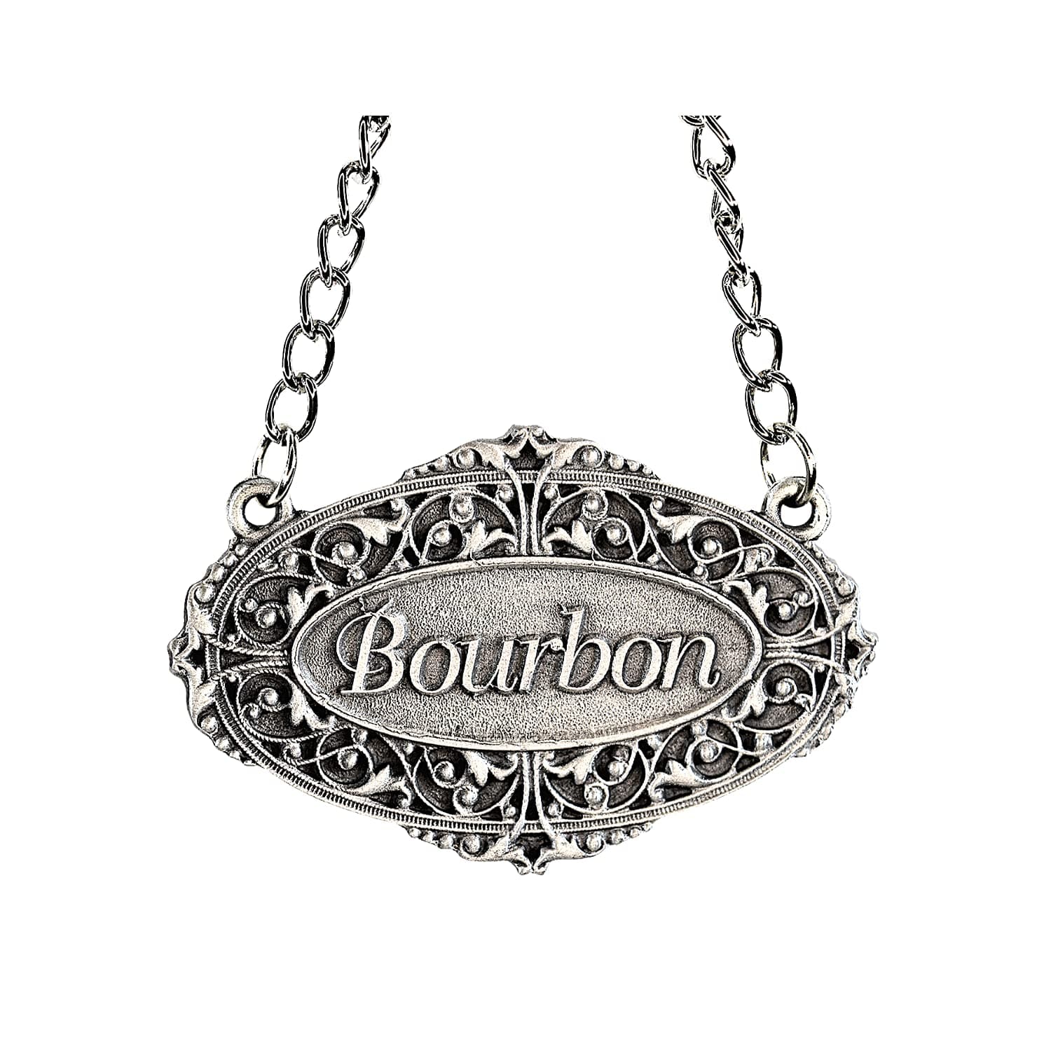Heritage Pewter Bourbon Liquor Decanter Label – Bourbon Liquor Tag with Adjustable Chain | Perfect for Housewarming Gift, Parties, Holidays, & Anniversaries | Expertly Crafted Pewter