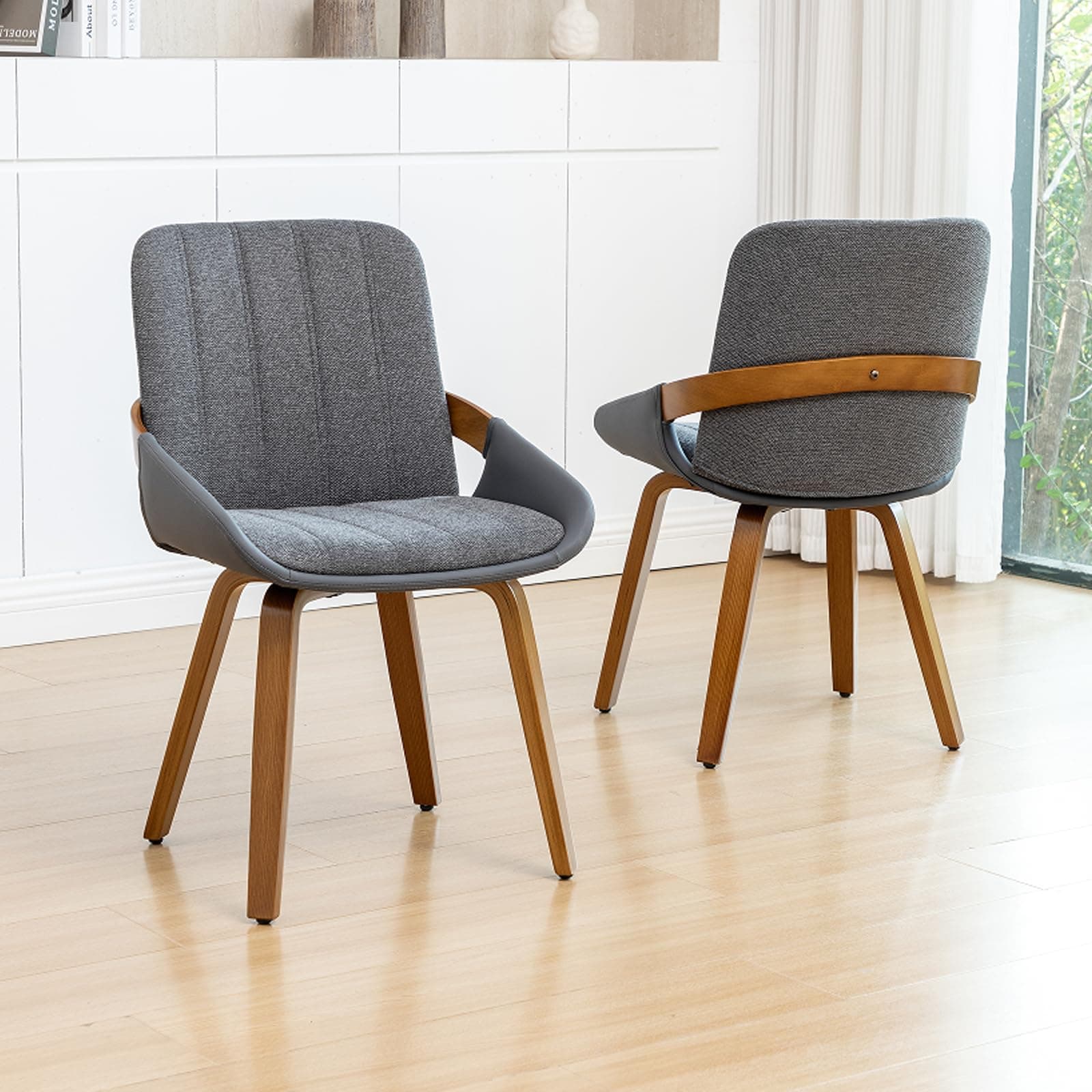 YOUUGIOR Dining Room Chairs Set of 2, Mid Century Modern Gray Fabric+Faux Leather Kitchen Chairs Armless,Bamboo Legs Side Chairs No Wheels,Accent Chair for Dining Rooms