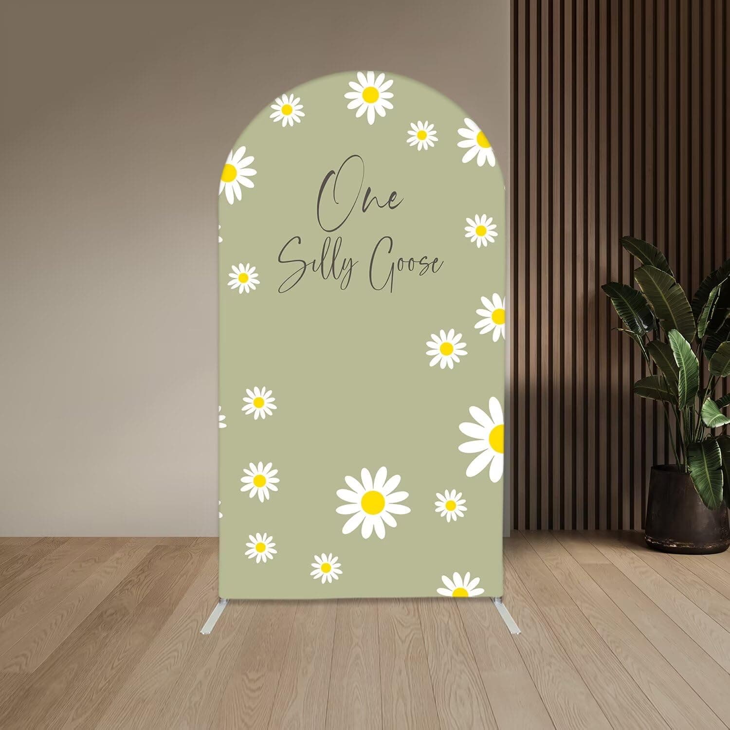 Aerdce One Silly Goose Arch Backdrop Cover 7.2FT Daisy Flower Green Arch Stand Cover for Baby Shower 1st Birthday Party Decorations