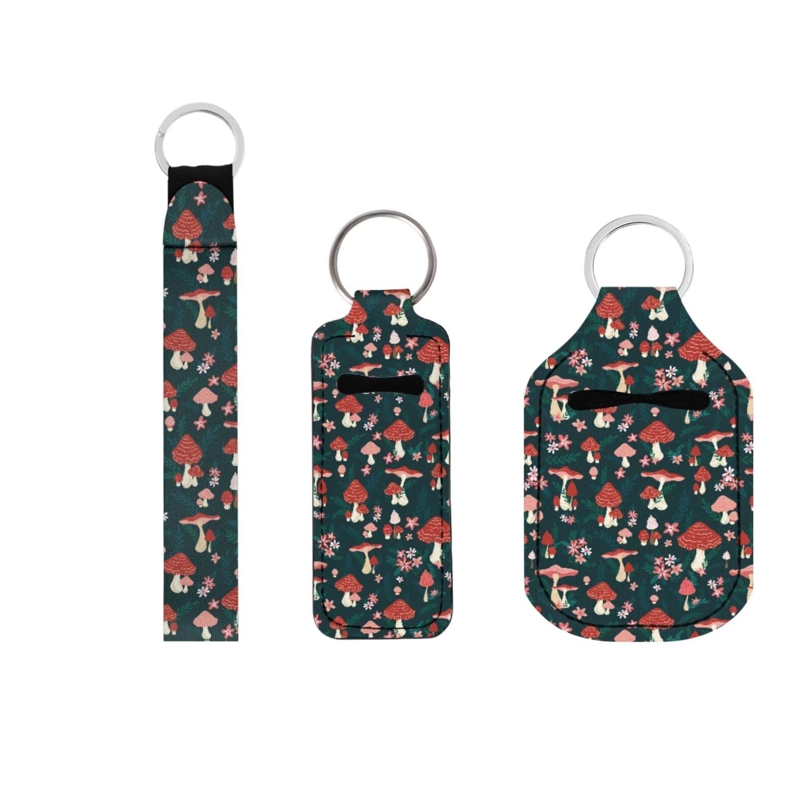 Suobstales 3 Pack Travel Bottle Keychain Holder Set Hand Sanitizer Holder With Chapstick Holder Keychain for Women Men, Mushroom Flower, One Size