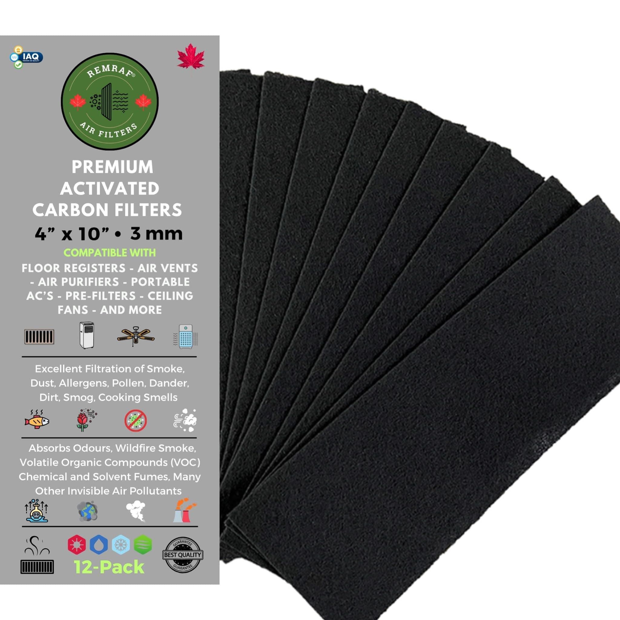 Vent Filters, 4"x10" Activated Carbon Air Vent Filters for Floor Registers, Grilles, Grates, and More. Absorbs Smoke, Dust, Pollen, Allergens, Air Pollutants. 3mm 12-PACK