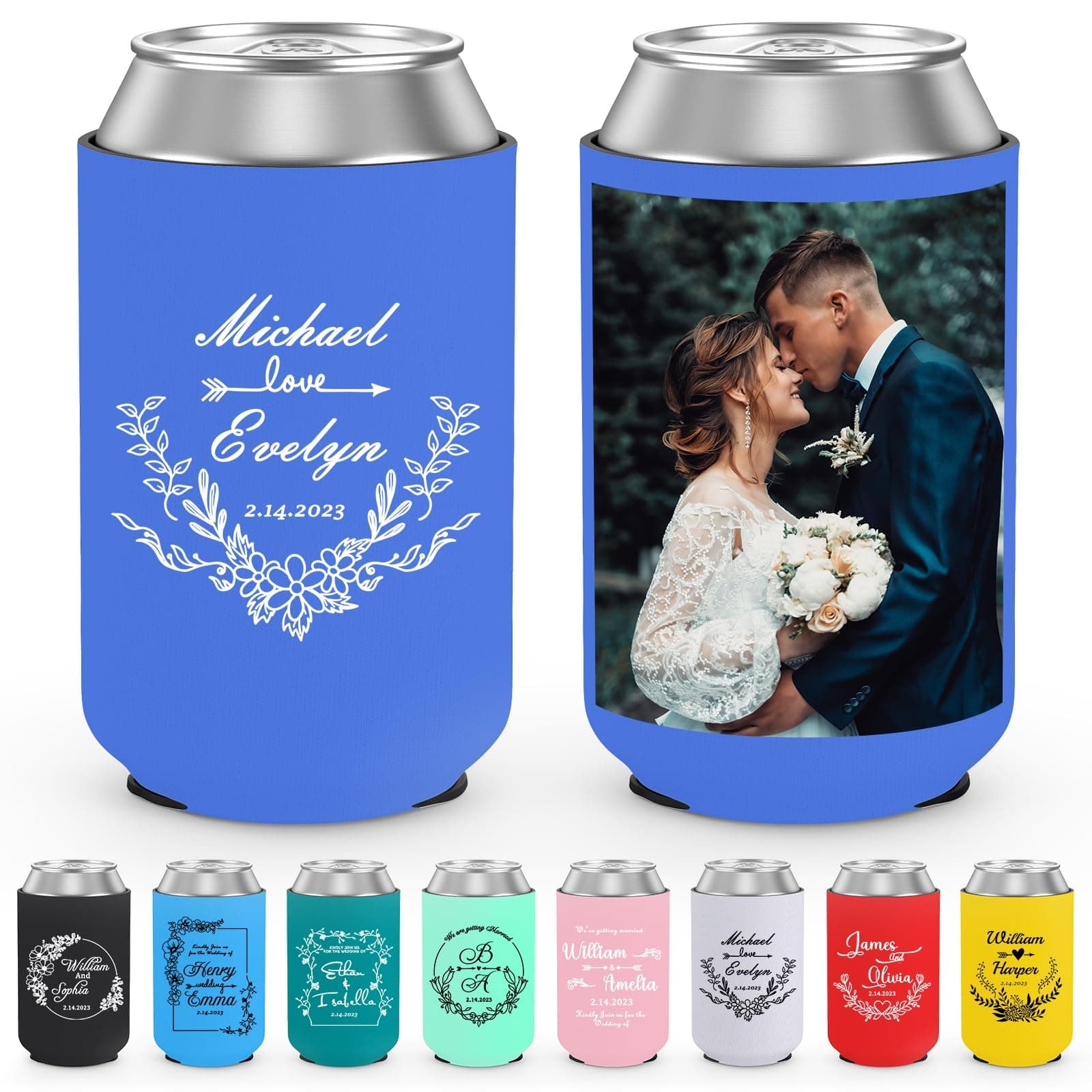 HooAMI Custom Wedding Decorations Beer Can Coolers Personalized Wedding Favor 12 oz Neoprene Sleeve Assorted Colors