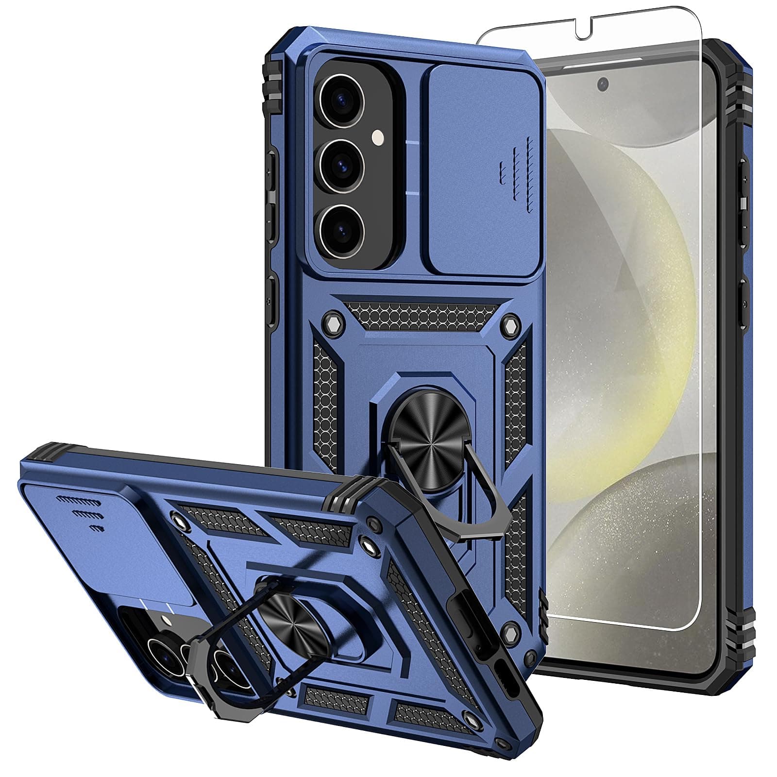 SKMY for Samsung Galaxy S24 FE Case,with Screen Protectors and Camera Cover,[Military Grade] 16ft.Drop Tested Cover with Magnetic Kickstand Protective Case for Galaxy S24 FE, Blue