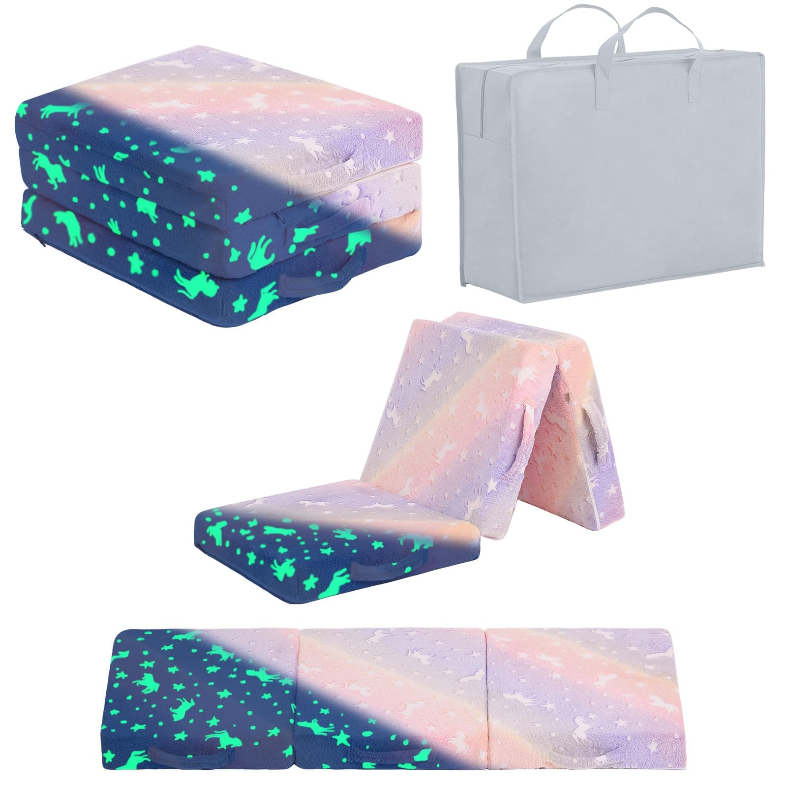 Givjoy Foldable Floor Sofa for Kids, Glow in The Dark Purple Horse Washable Folding Floor for Daycare, Child Trifold Couch with Storage Bag for Playroom Girls and Boys