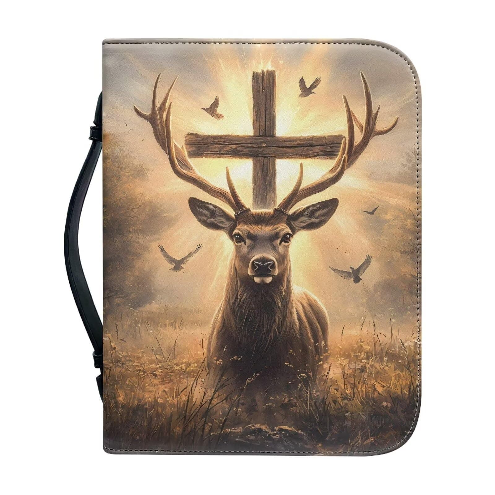 Suobstales Deer Cross Print Bible Cover for Men Women, PU Leather Carrying Book Case Church Bag Bible Protective with Handle and Zipper, Size M