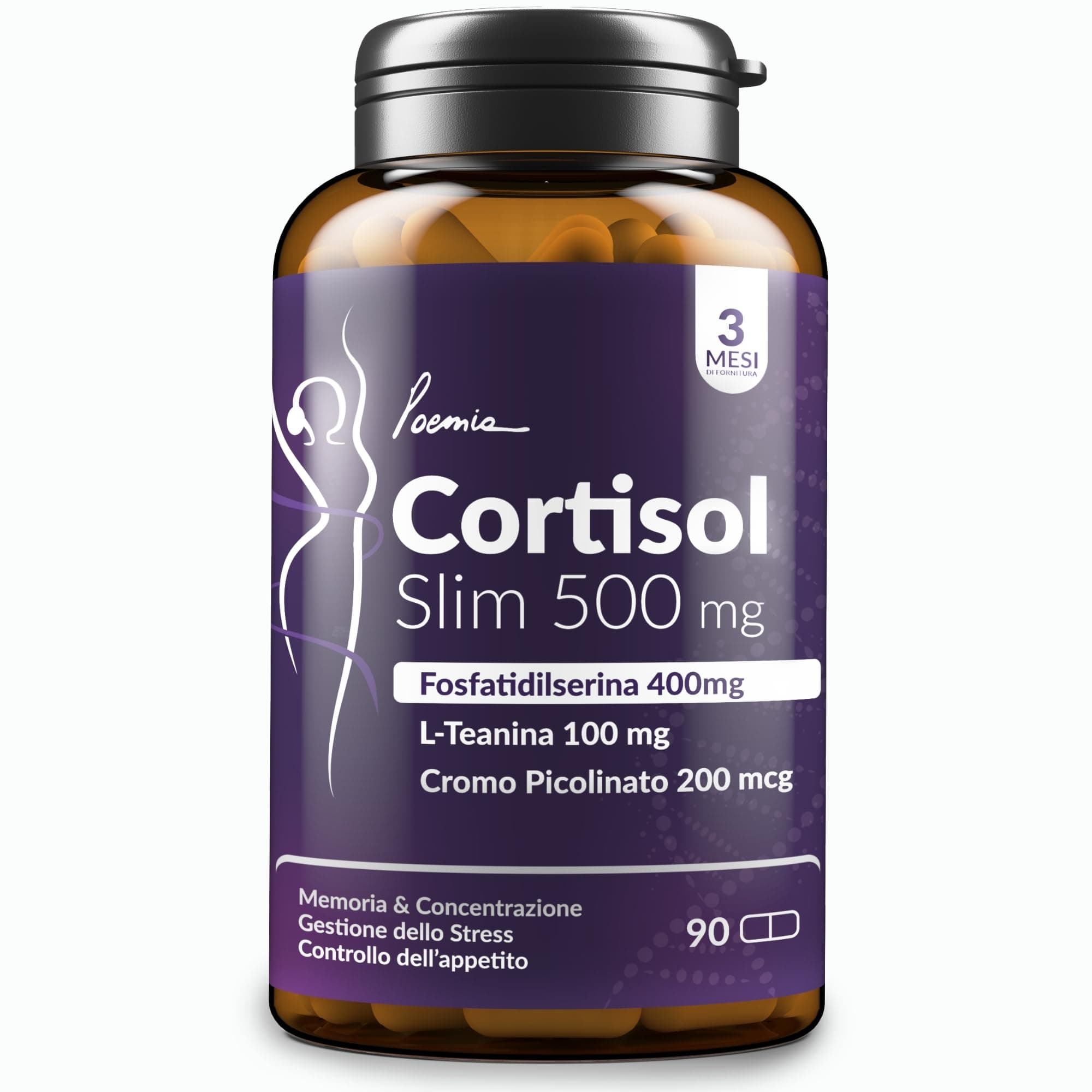 CORTISOL SLIM 500mg Aiuta ad Abbassare il Cortisolo Fosfatidilserina 400mg + L-Teanina 100mg + Cromo Picolinato Memoria Concentrazione Stress –eBook La Bibbia del Cortisolo Incluso 90 Capsule Poemia