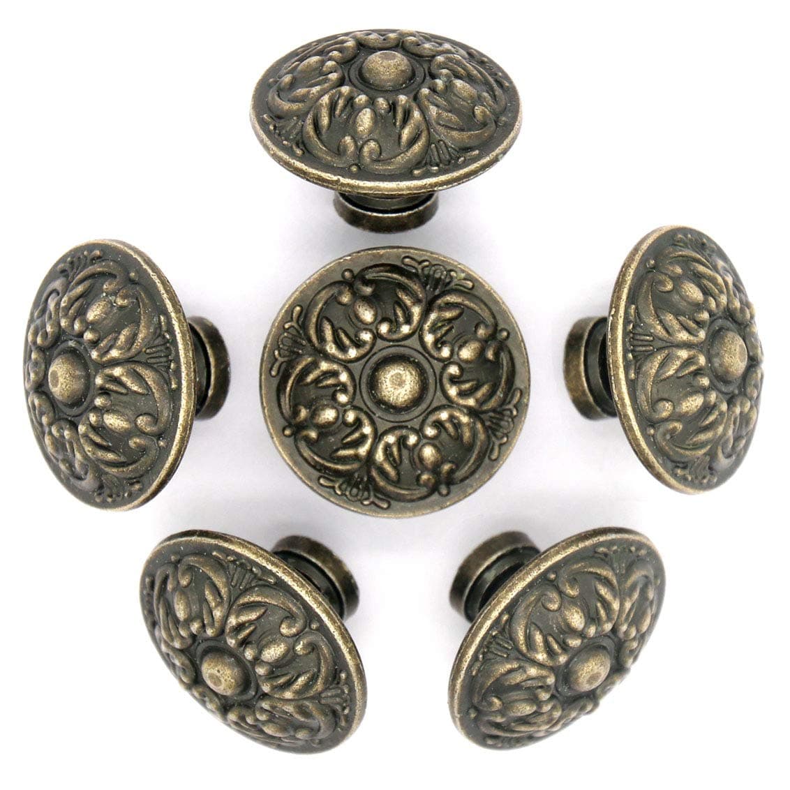 LXZ 6 PCs Vintage Antique Brass Knobs Handles Pulls with Flower Pattern for Cabinet Drawer Door, Diameter 1.3" (3.4 cm)