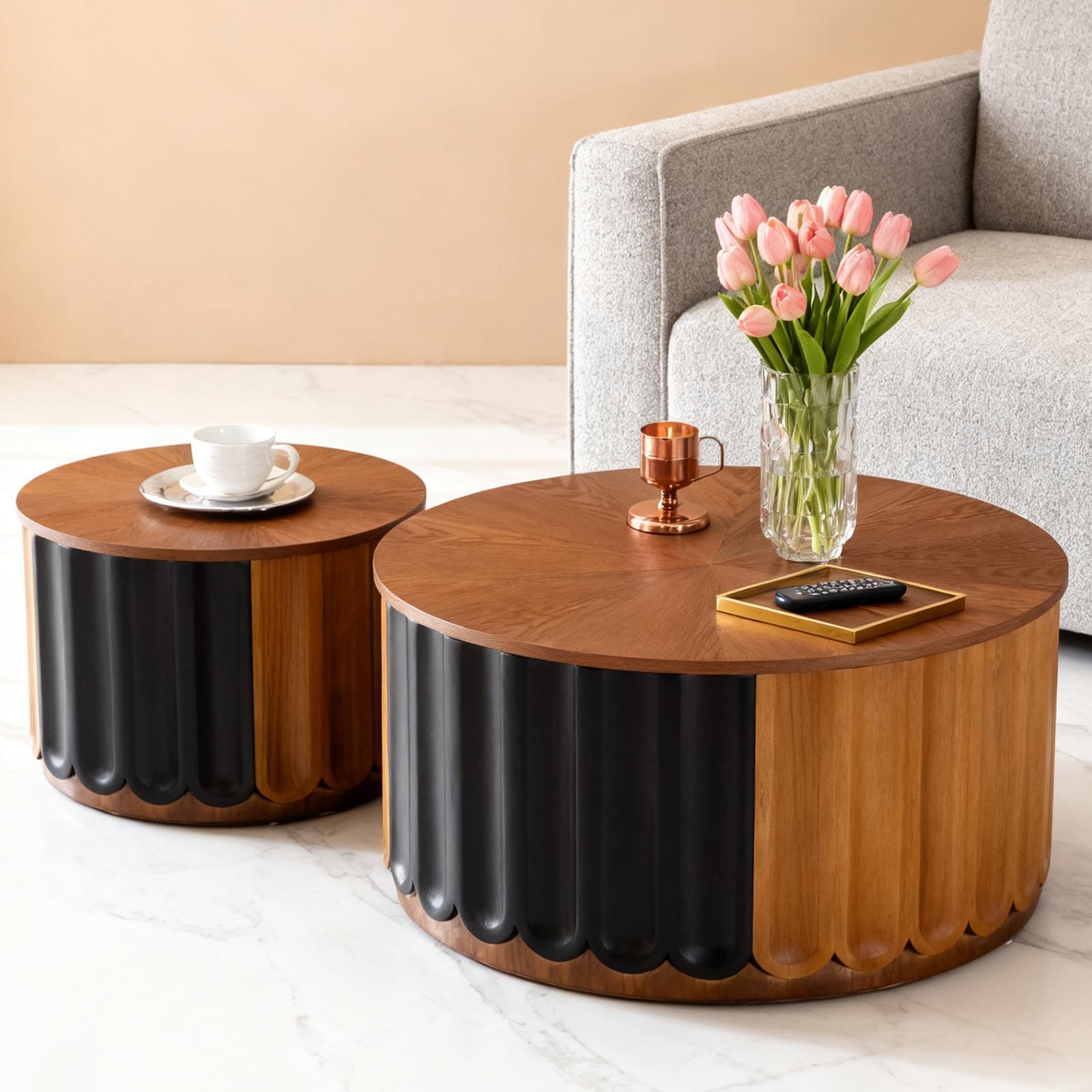 Round Nesting Coffee Table Set of 2 with Storage, 26 inch, B