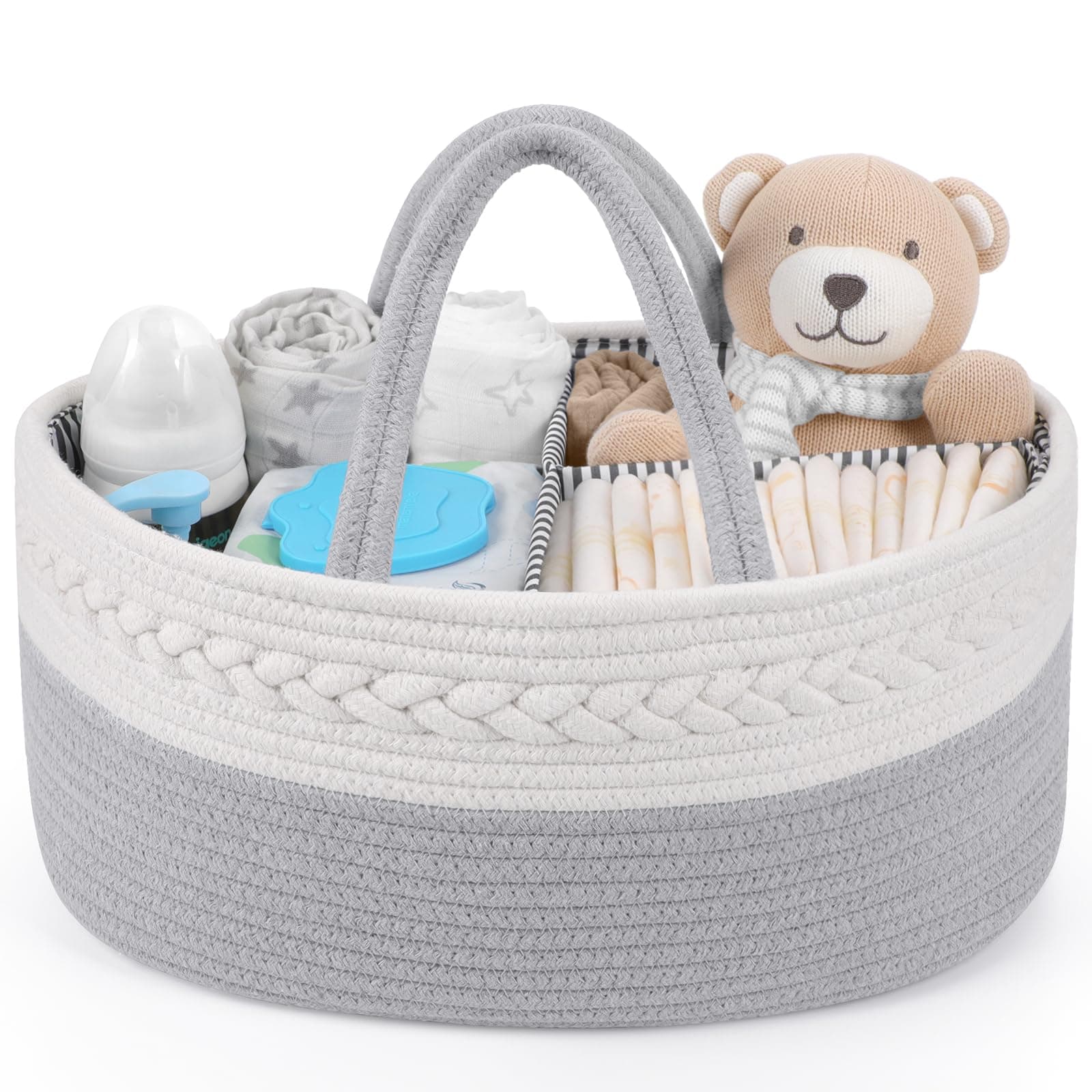 Maliton Diaper Caddy Organizer for Baby- Cotton Rope for Changing Table, Nursery Storage, Newborn Baby Must Have Items - Grey