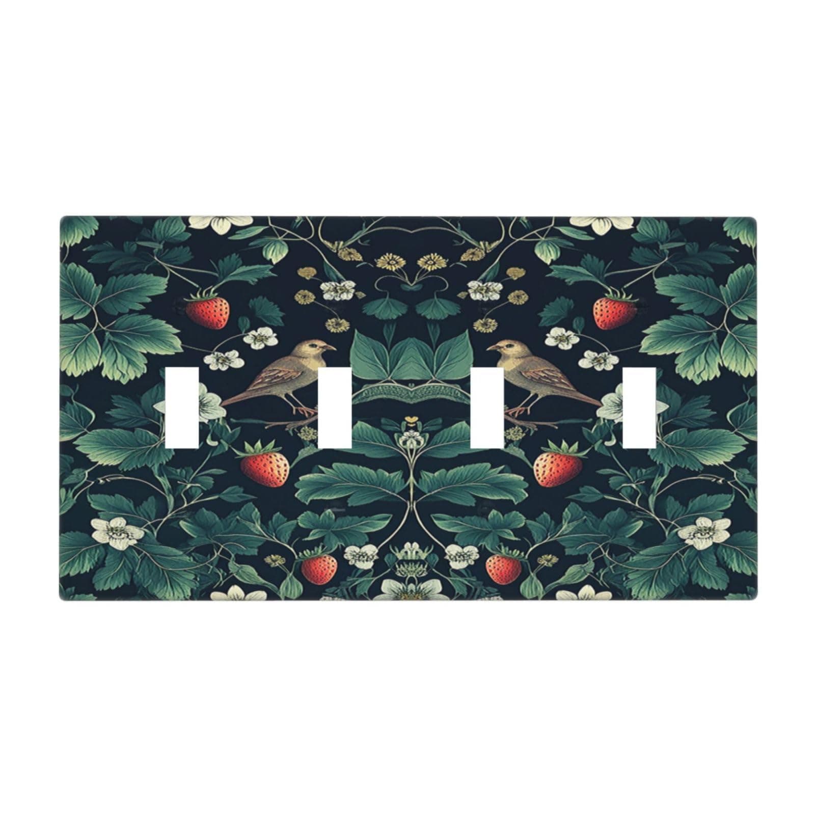 Naiqadnehz Light Switch Covers Strawberry Birds Flowers Plant Morris Floral Quad Toggle Electrical Faceplate 4 Gang Wall Plate Decorative Switch Plates for Bedroom Farmhouse Decor