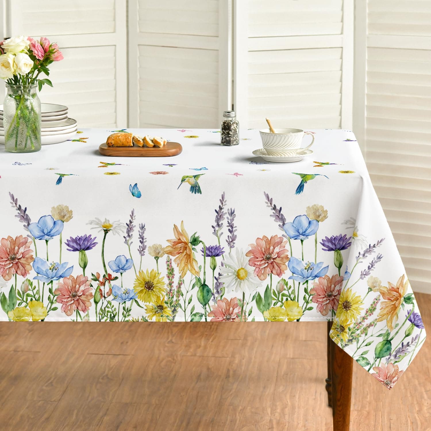 Horaldaily Spring Tablecloth 60×120 Inch, Floral Flowers Butterfly Birds Washable Table Cover for Party Picnic Dinner Decor