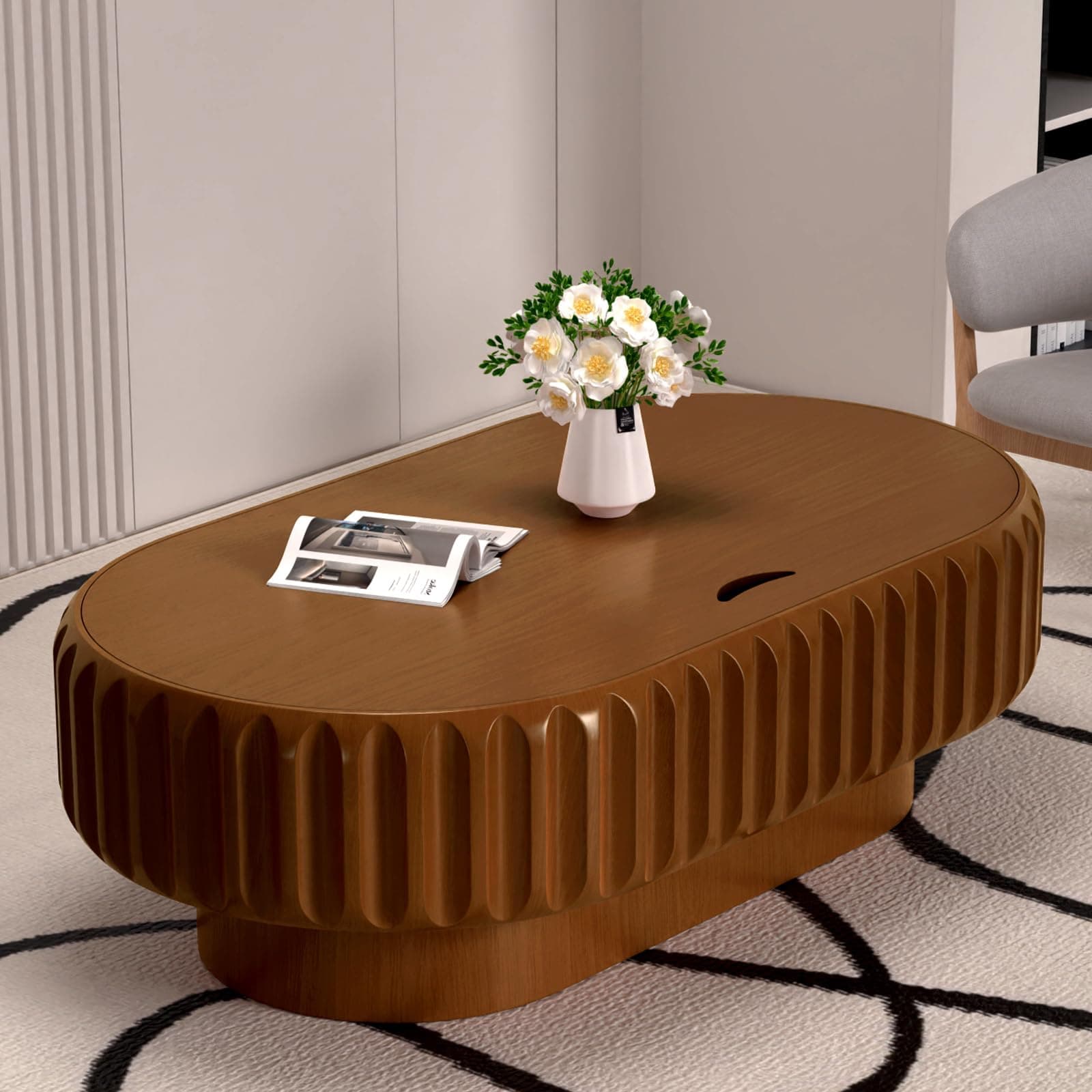 43 inch Oval Wood Fluted Coffee Table with Storage, D