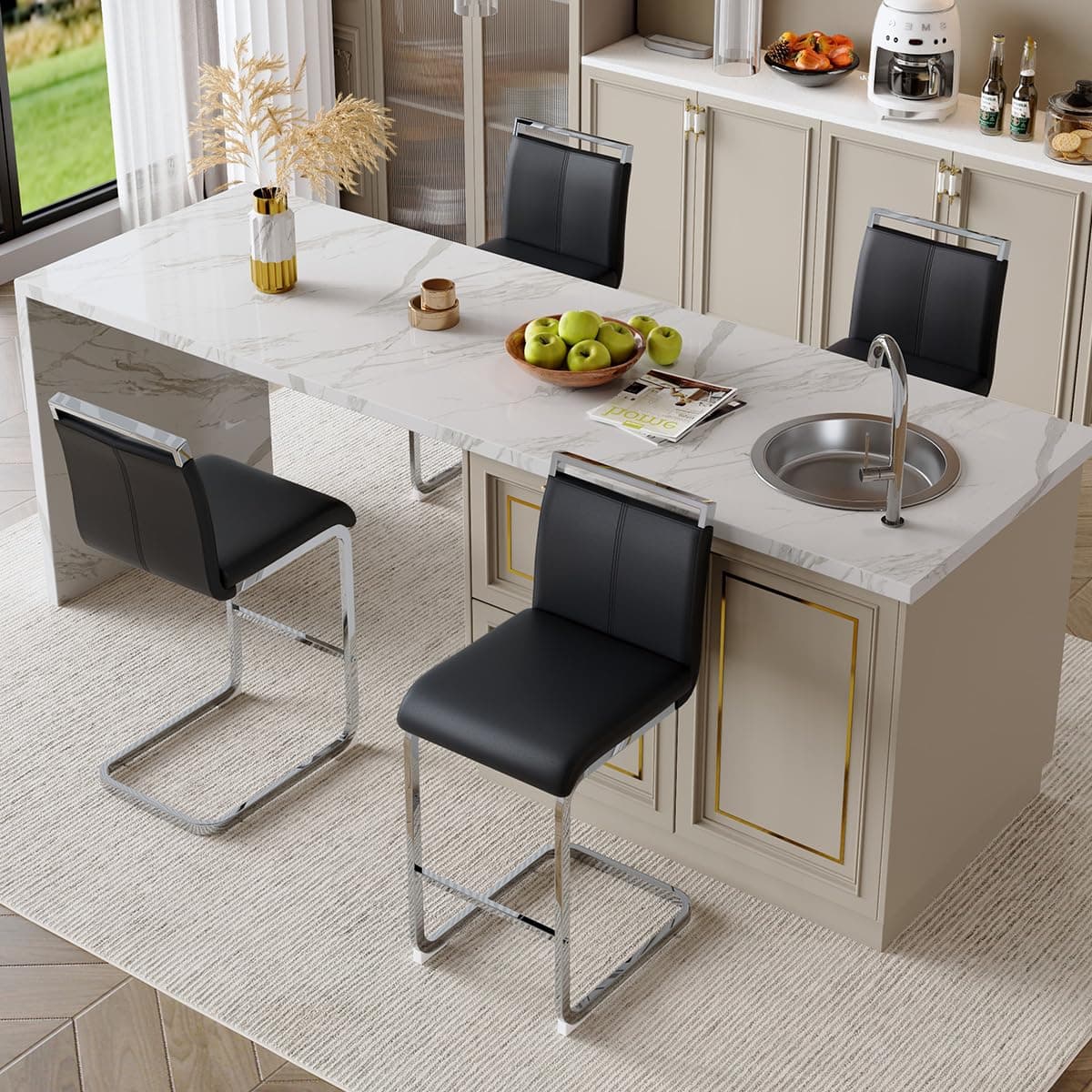 LUFTUT Counter Height Bar Stools Set of 4,25'' Bar Stools for Kitchen Island,Black Barstools with Back,Metal Barstools with Silver Chrome Metal Leg,Counter Height Chairs for Pub Kitchen Counter