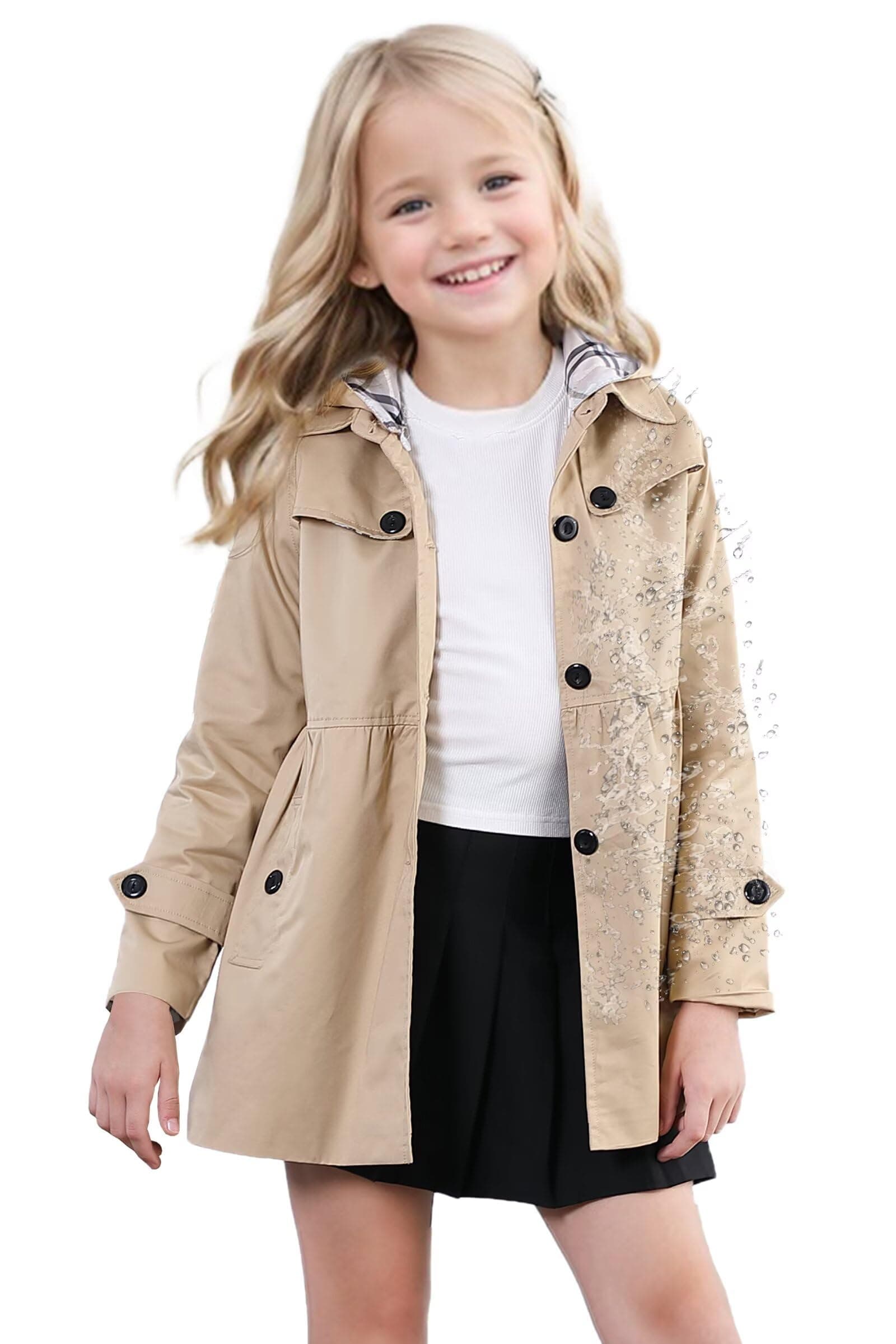 SANGTREE Girl's Waterproof Trench Coat Hooded Rain Jackets Lightweight Rain Coats For Girls, Khaki, 7-8 Years = Tag 140