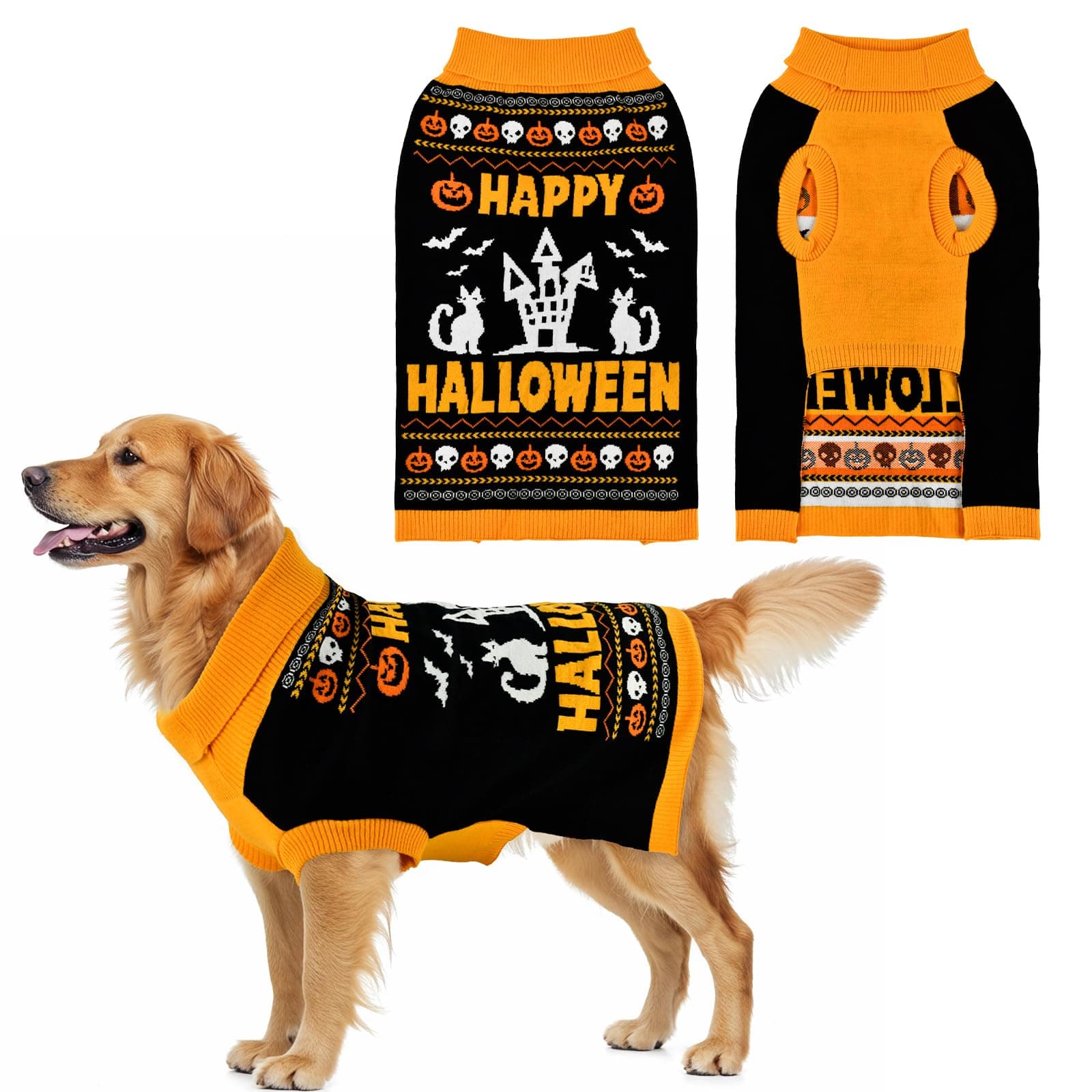 Vehomy Dog Halloween Turtleneck Sweater with Cute Cat Skull Pumpkin Patterns Dog Warm Knitwear Halloween Pet Sweater Clothes Costume Outfit Pullover Shirts for Cats Small Medium Large Dogs 4XL