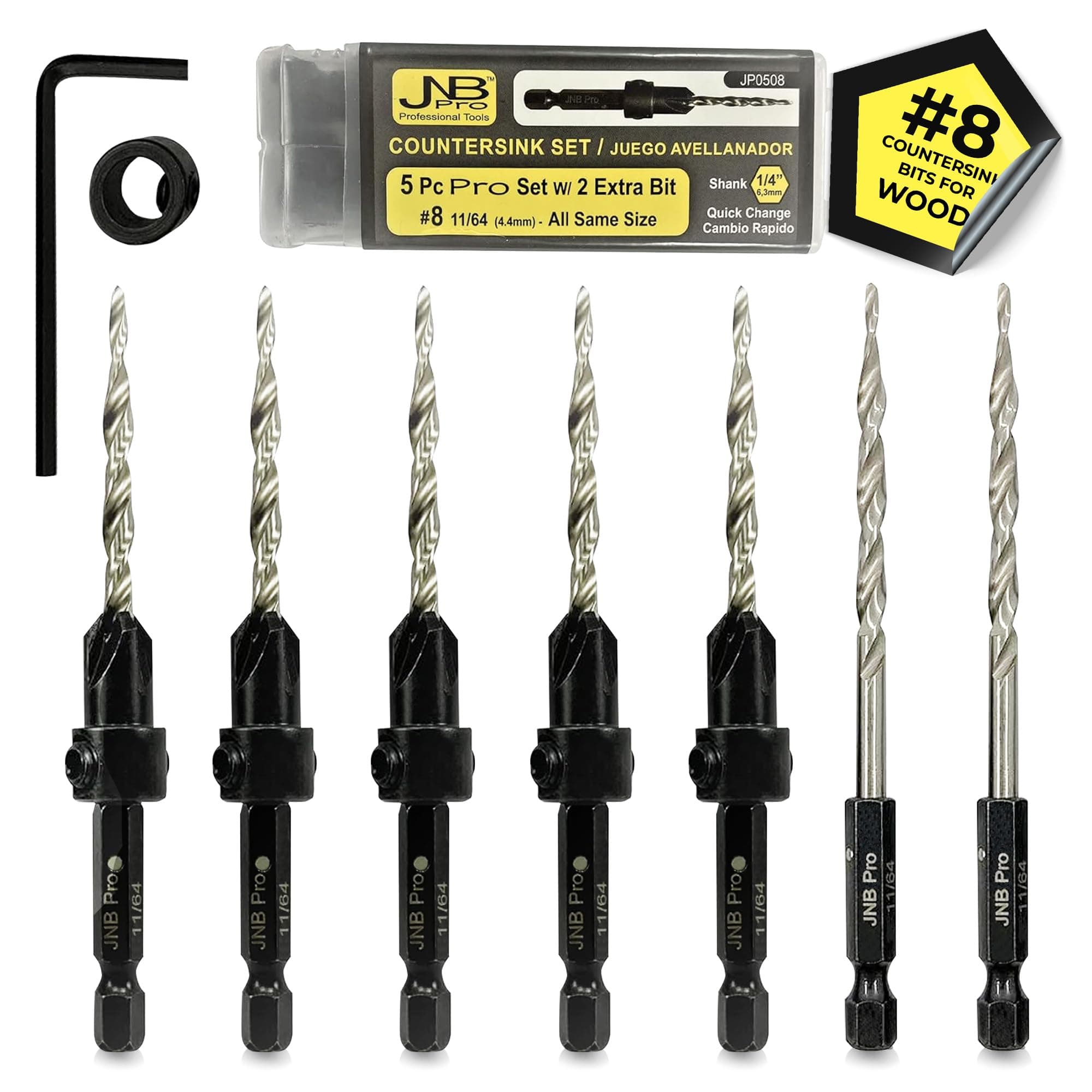 JNB Pro Countersink Drill Bit Set #8-5pcs (11/64") 4 Flute M2 HSS 1/4 Hex Quick Change, Stop Collar Set Brocas para Madera Countersink, Wood Working with 2 Free Tapered Bits
