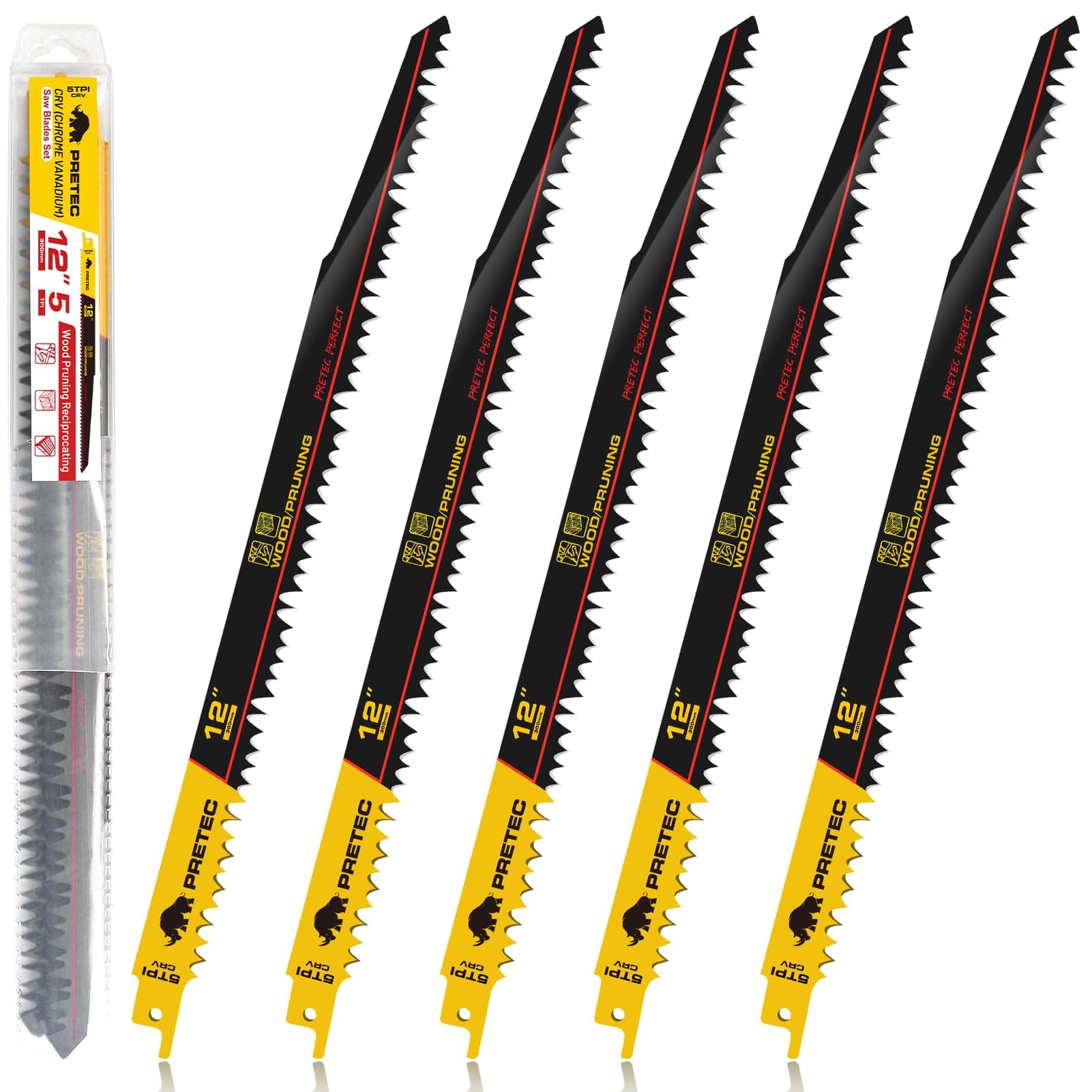 PRETEC Wood Pruning Reciprocating Saw Blades, 12 Inch Pruning Blades for Reciprocating Saw, High Carbon Steel Reciprocal Saw Blades for Tree Trimming, Wood Cutting with Organizer Case, (5 Pack/5TPI)