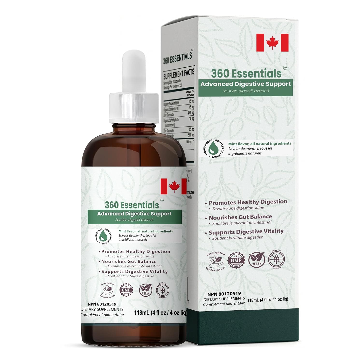 Digestive Support Liquid Drops – 118ml Herbal Gut Health Supplement with Black Walnut, Garlic, Pumpkin Seed & Clove, Supports Digestion, Vegan, Non-GMO, Gluten Free – Mint Flavor | 360 Essentials