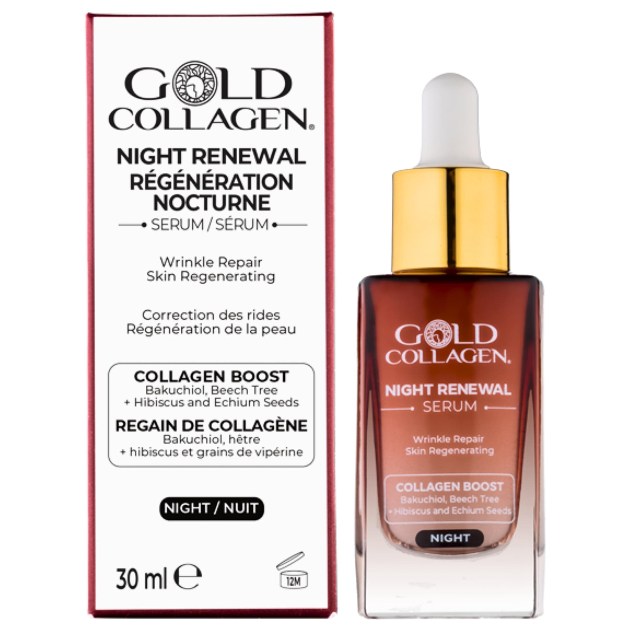 Gold Collagen NIGHT RENEWAL SERUM | Collagen Boosting Bakuchiol, Beech Tree, Hibiscus and Echium Seeds for Deep Wrinkle Repair and Skin Regenration | 30ml