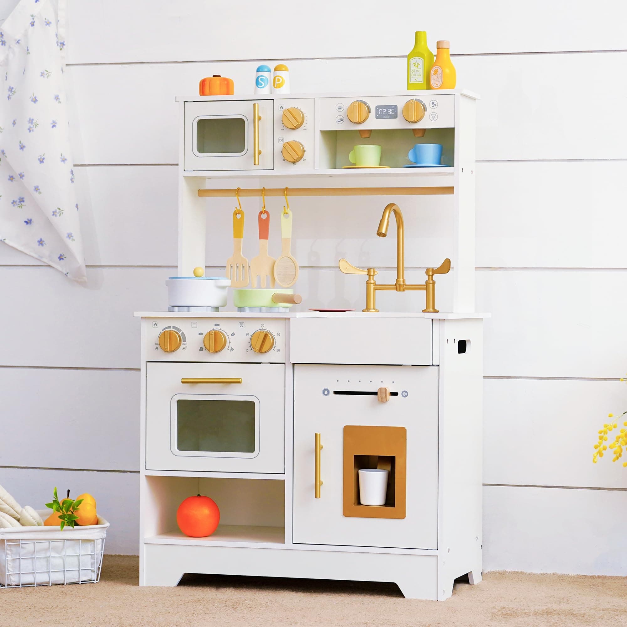 White Wooden Play Kitchen for Kids with Ice Maker, Sink, Stove and Storage