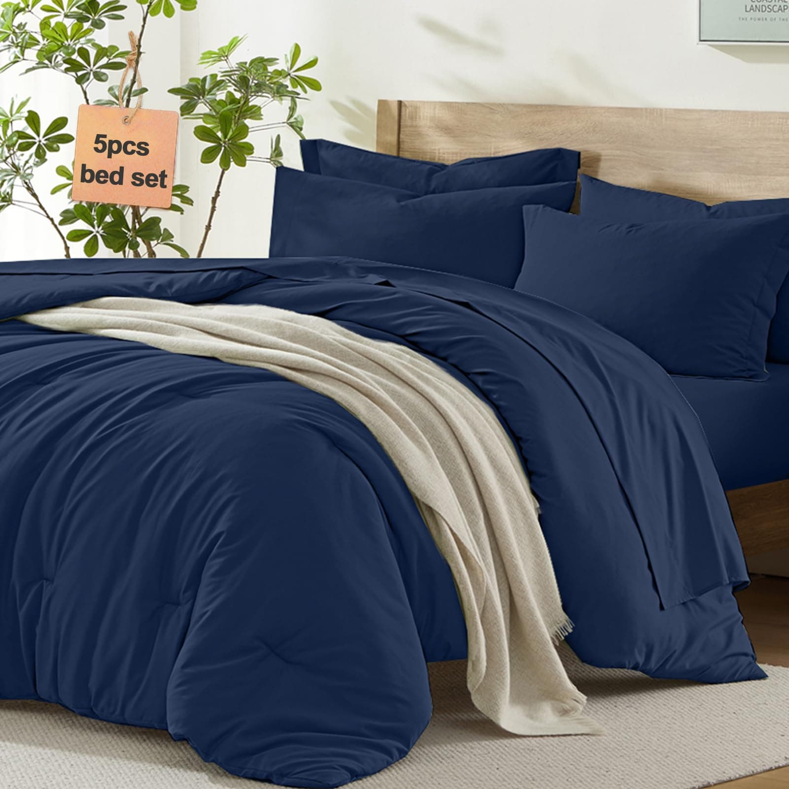 Homelike Moment Twin Comforter Set with Sheets Navy, 5 Piece Twin Bed in a Bag Set Lightweight and Machine Washable
