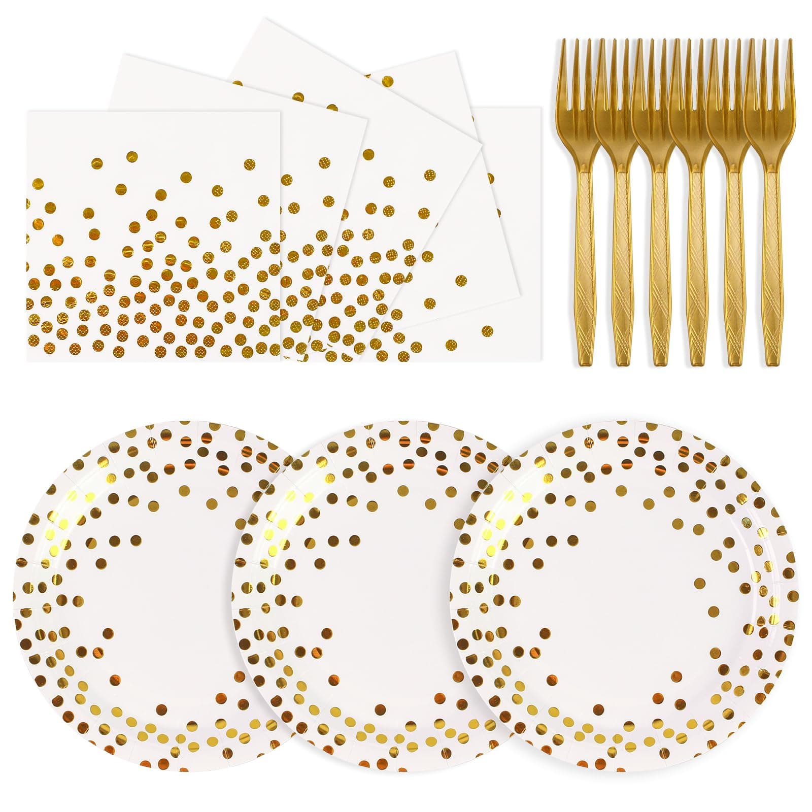 75PCS Paper Plates and Napkins Set - White and Gold Dot Disposable Party Dinnerware Includes Paper Plates, Napkins, Forks Decorations for 2026 New Year, Birthday, Wedding and Holiday, Serves 25