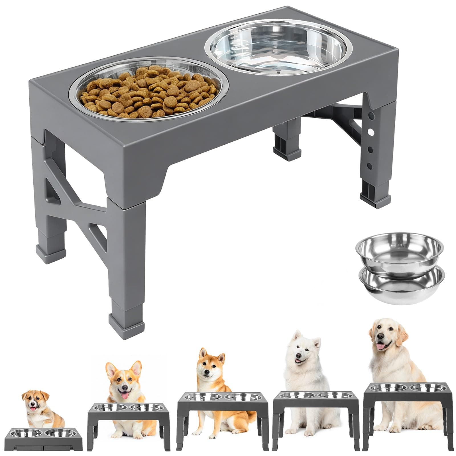 Lesguyor Raised Dog Bowls, Elevated Dog Bowl Feeder, Height Adjustable 3.15-12.2 in (8-31 cm), Stainless Steel Bowls, Non-Slip & Dishwasher Safe for Small/Medium/Large Dogs | Round Basic Elevated