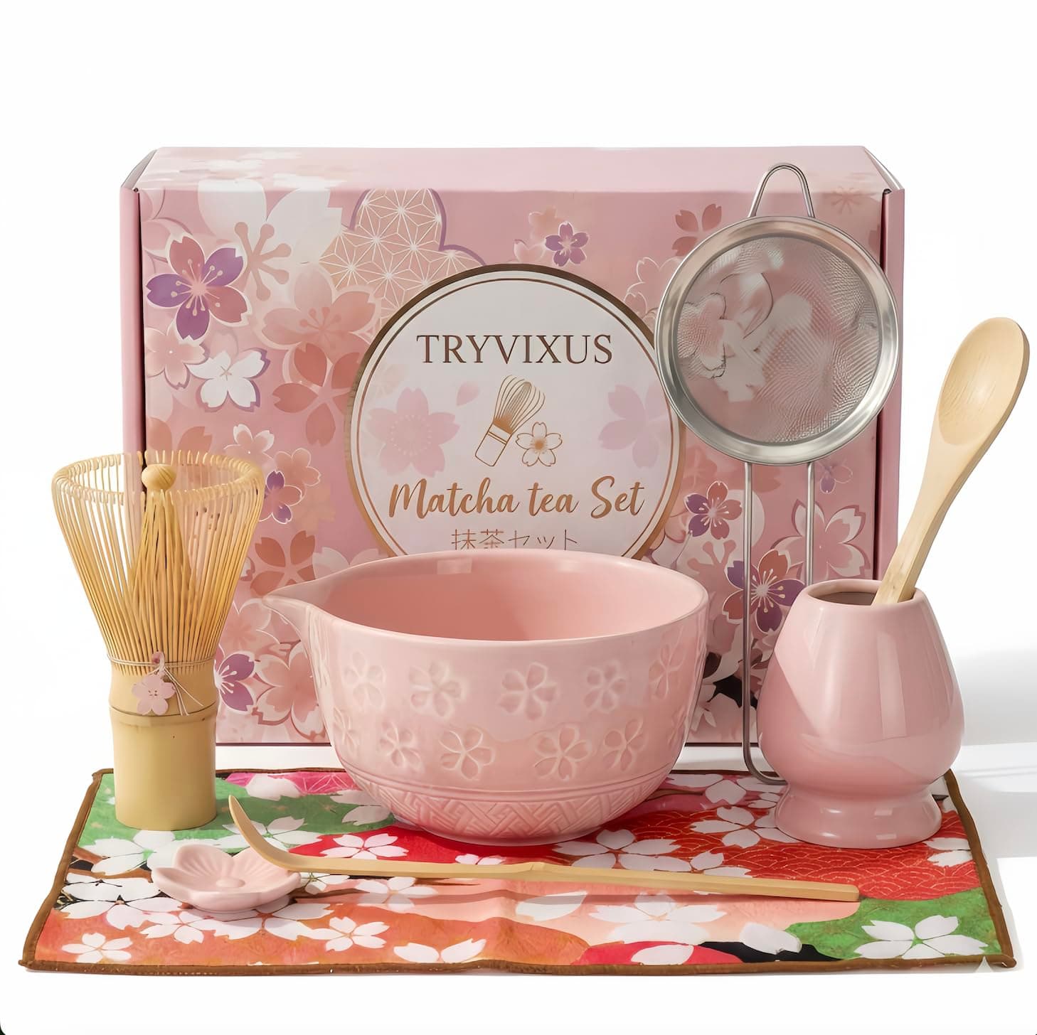 TRYVIXUS Matcha Whisk Set of 8 Pieces with Ceramic Bowl, Bamboo Chasen,Tea Whisk Stand,Sifter,Spoon,Scoop & Stand, Towel,Complete Matcha kit (Pink)
