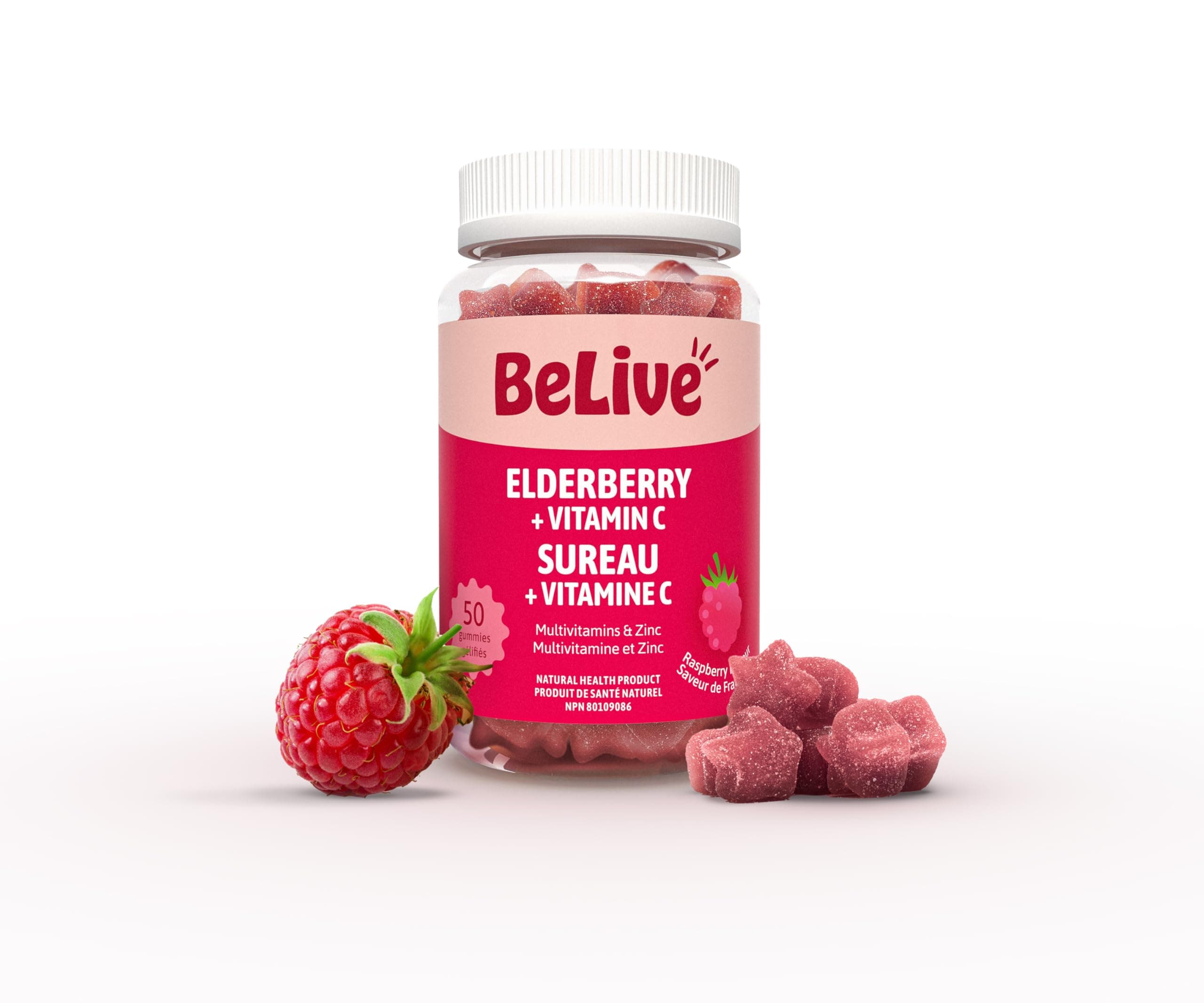 BeLive Elderberry Gummies with Zinc, Vitamin C, and D3 - Cold and Flu Multivitamin Supplement, Immune Health Support for Kids & Adults - 50 Count - Raspberry Flavor
