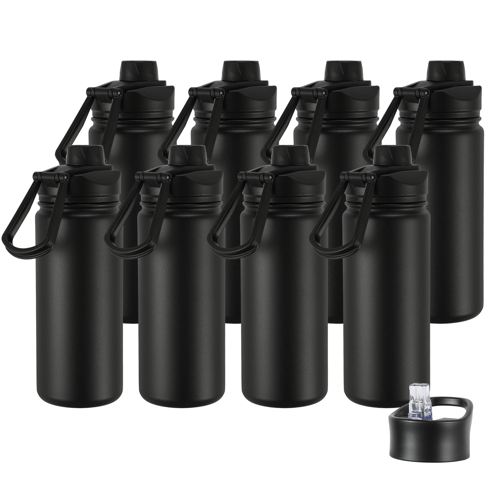 16 oz Insulated Water Bottle with Straw Lids, Stainless Steel Water Bottles, Double Wall Vacuum Metal Water Bottle with Straw & Wide Mouth Lid, Black 8 Pack