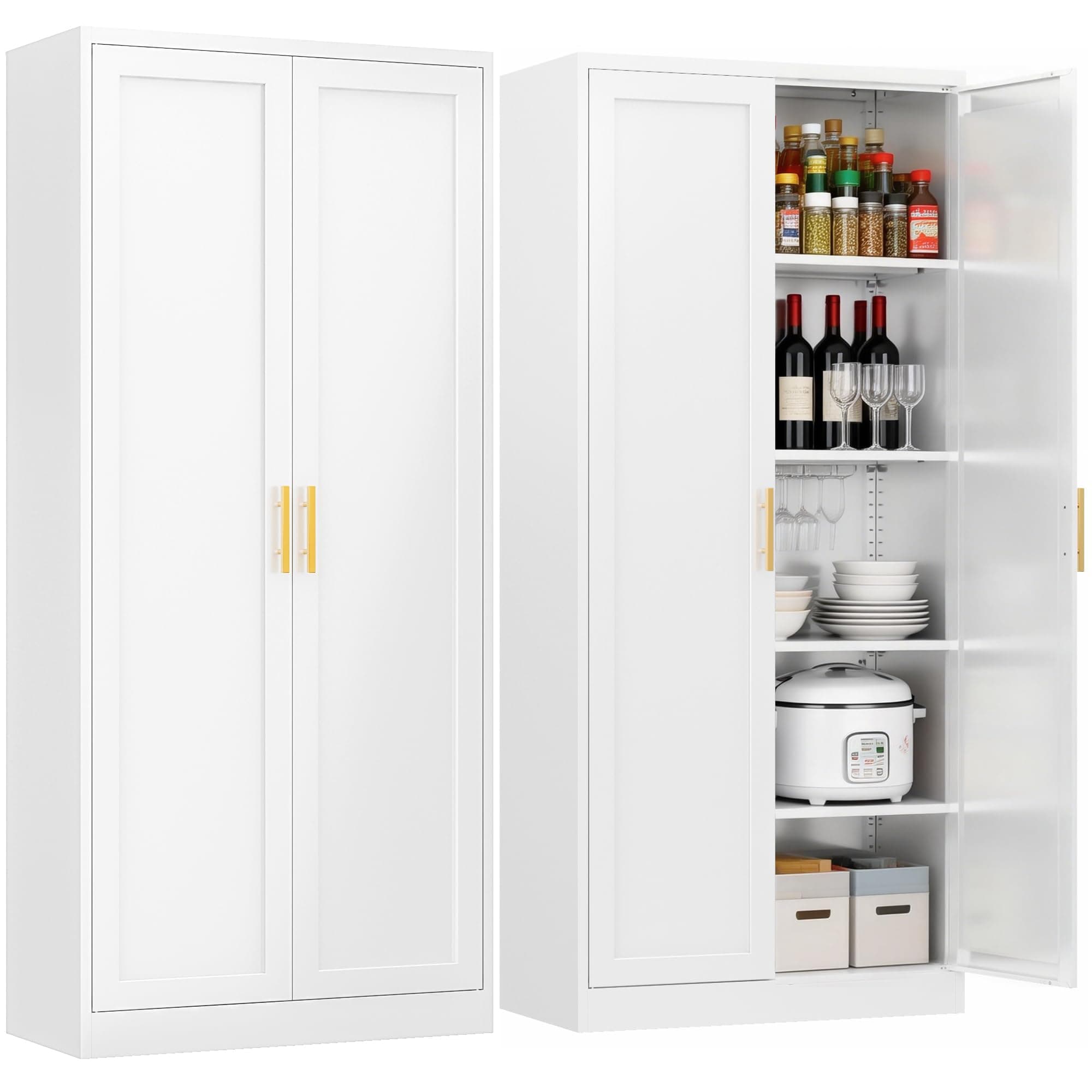 TaskStorz 71" Tall Kitchen Pantry Cabinet, Metal Kitchen Pantry Storage Cabinet with Doors and 4 Adjustable Shelves, Freestanding Pantry Cupboard for Living, Dining Room, White