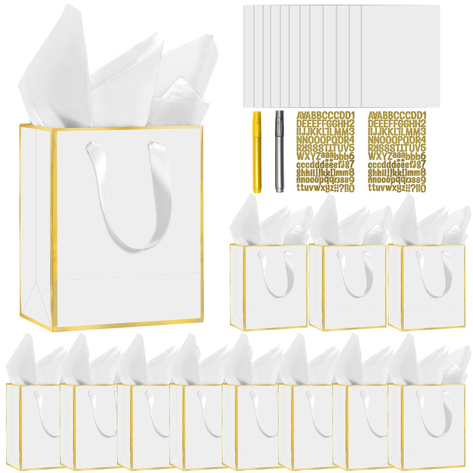 12 Pack Metallic Paper gift bags with handles, tissue paper and painting pens, 9"x7"x3"5 senses gift bags with labels for him and her, suitable for birthdays, weddings, baby showers, holidays and