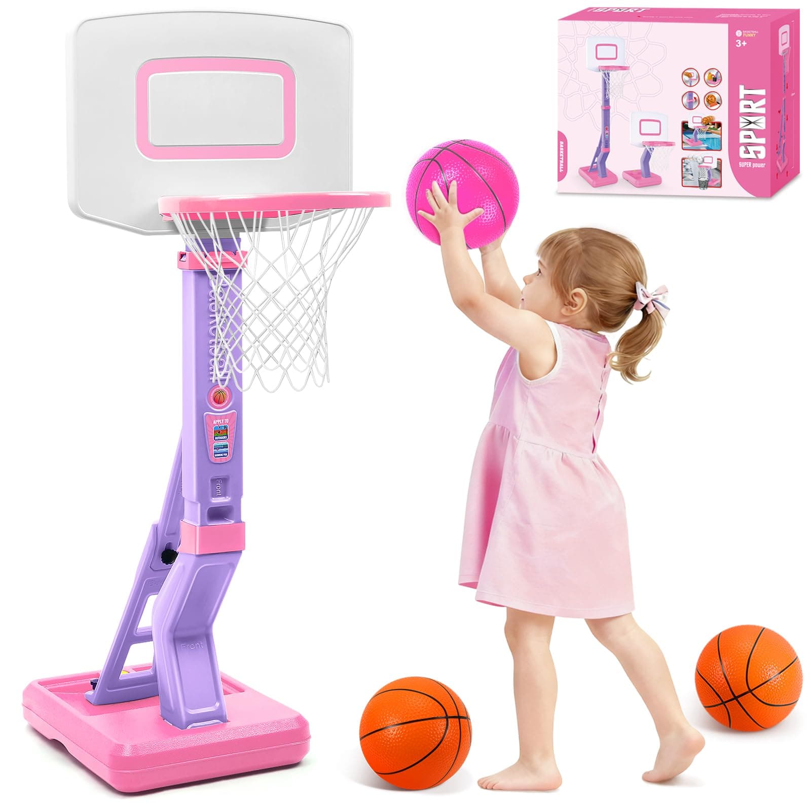 AOSPHYS Toddler Girl Basketball Hoop Indoor Outdoor - Height Adjustable 27.6-54 Inches (5 Slots), Kids Basketball Hoop with 3 Inflatable Balls & Pump, Safe Toddler Toys for 1-6 Year Old Boys Girls