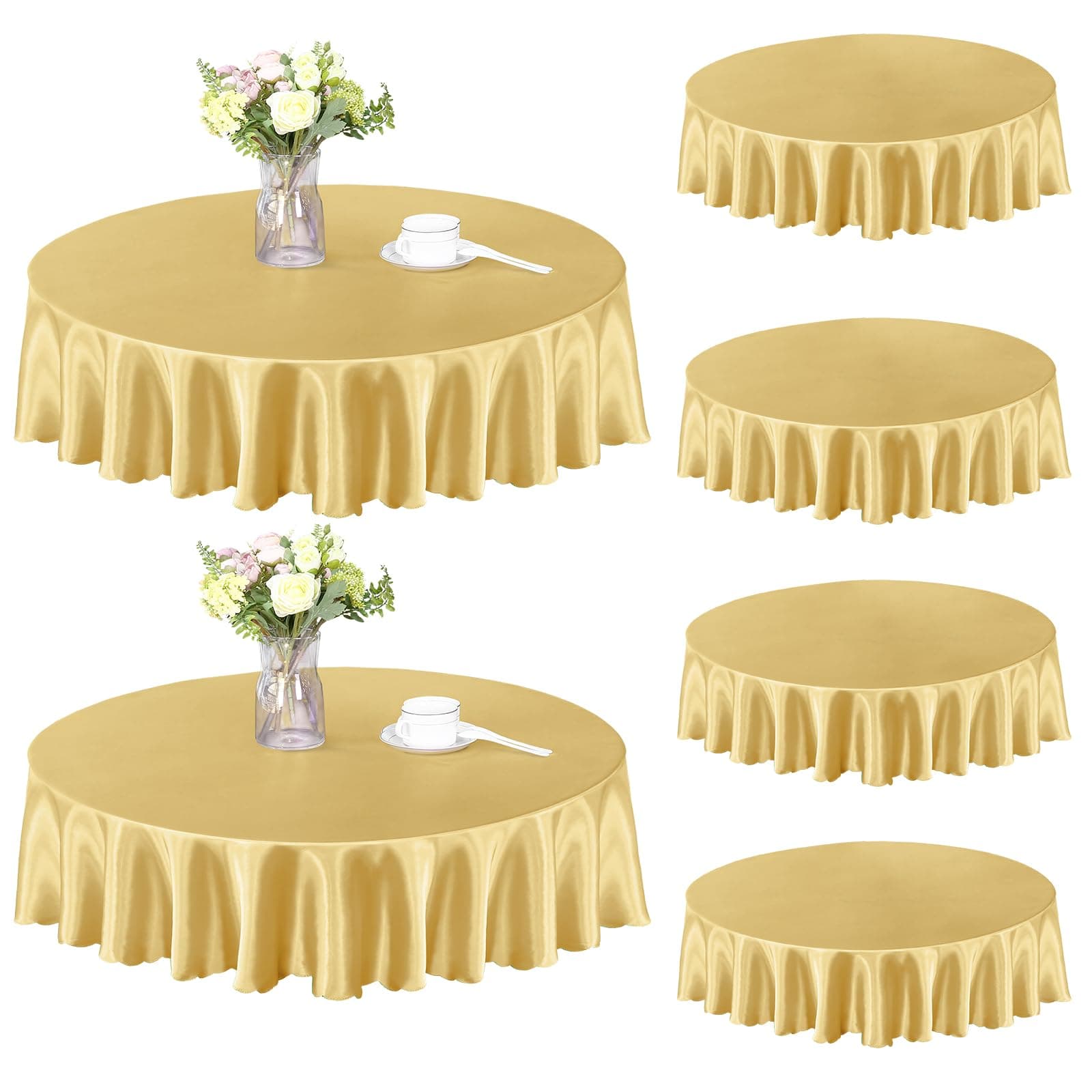 Homiest 6 Pack 60 Inch / 5ft Round Tablecloth Satin Table Cover, Gold Table Cloth Overlay for Wedding Reception Graduation Banquet